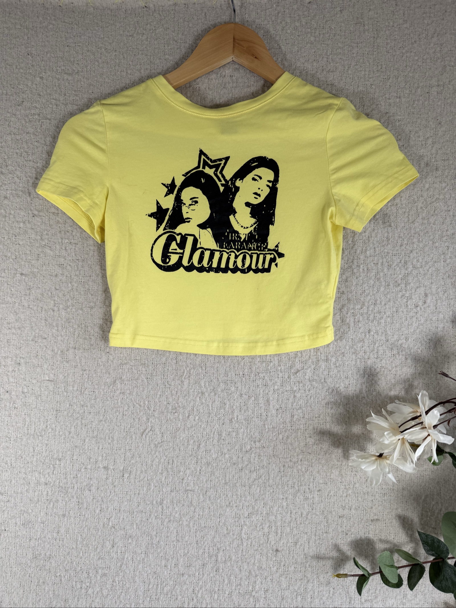 SHEIN Yellow Cotton Crop Top XS Casual Glamour Print Summer T-Shirt