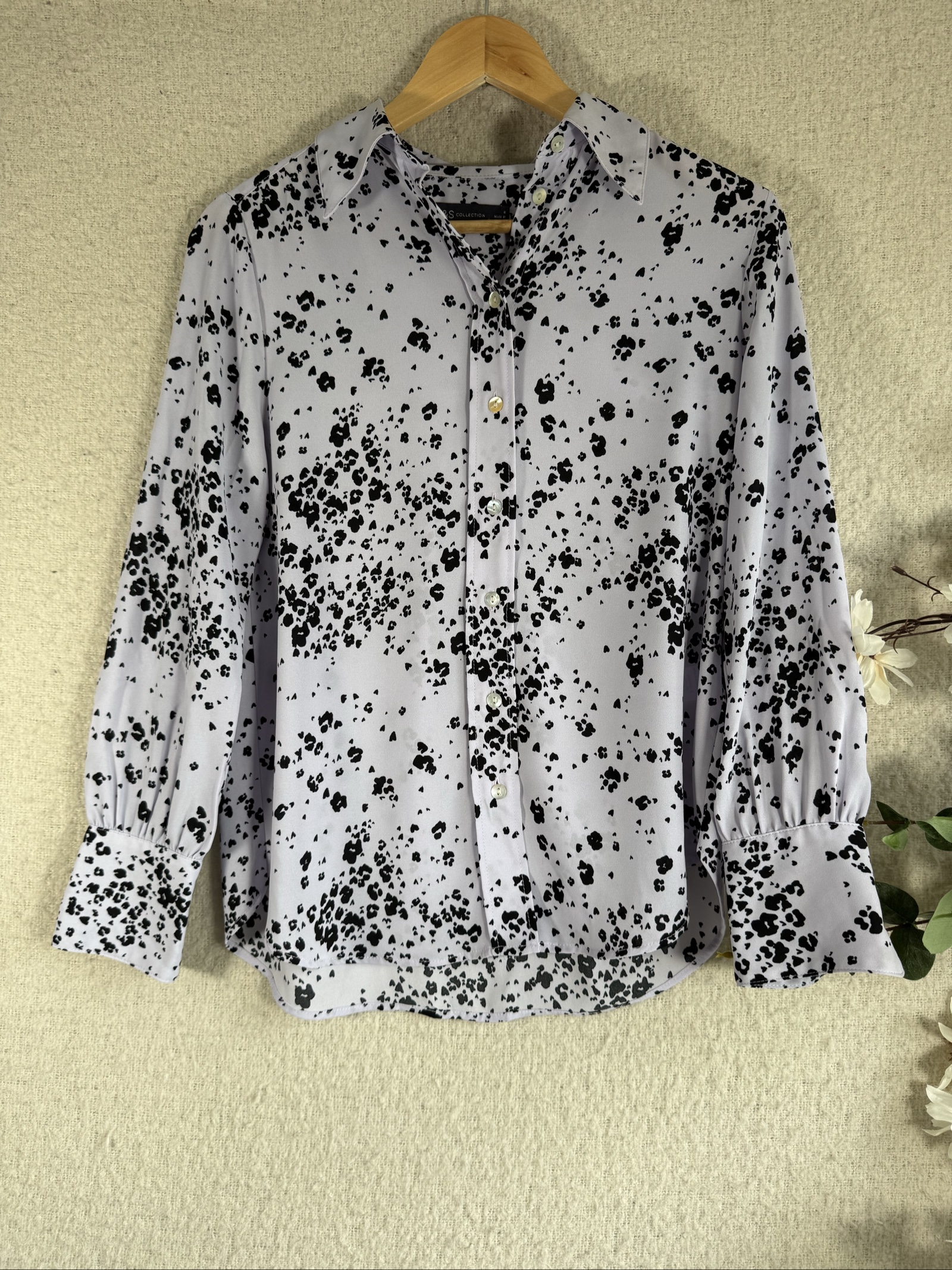M&S Collection Black & White Floral Print Blouse Shirt UK 8 Chic Classic Top