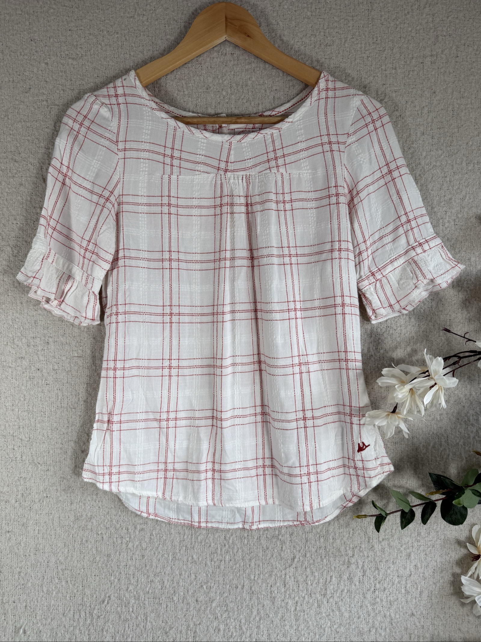 Mantary White & Red Checked Cotton Boho Ruffle Sleeve Top UK 8 Stylish