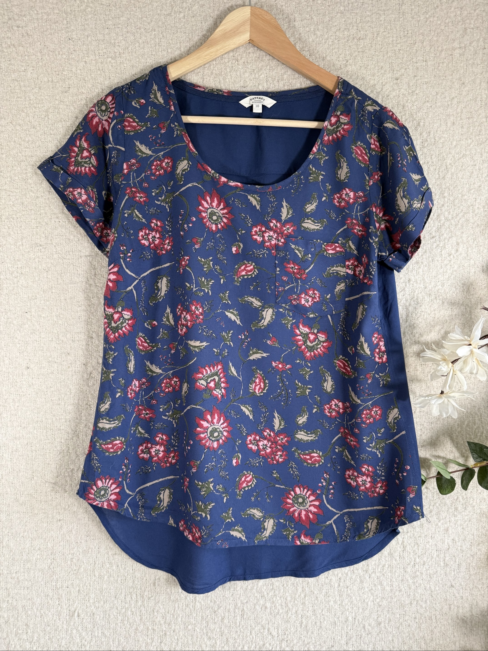 Fat Face Blue Floral Print Cotton Top UK 10 Casual Summer Shirt