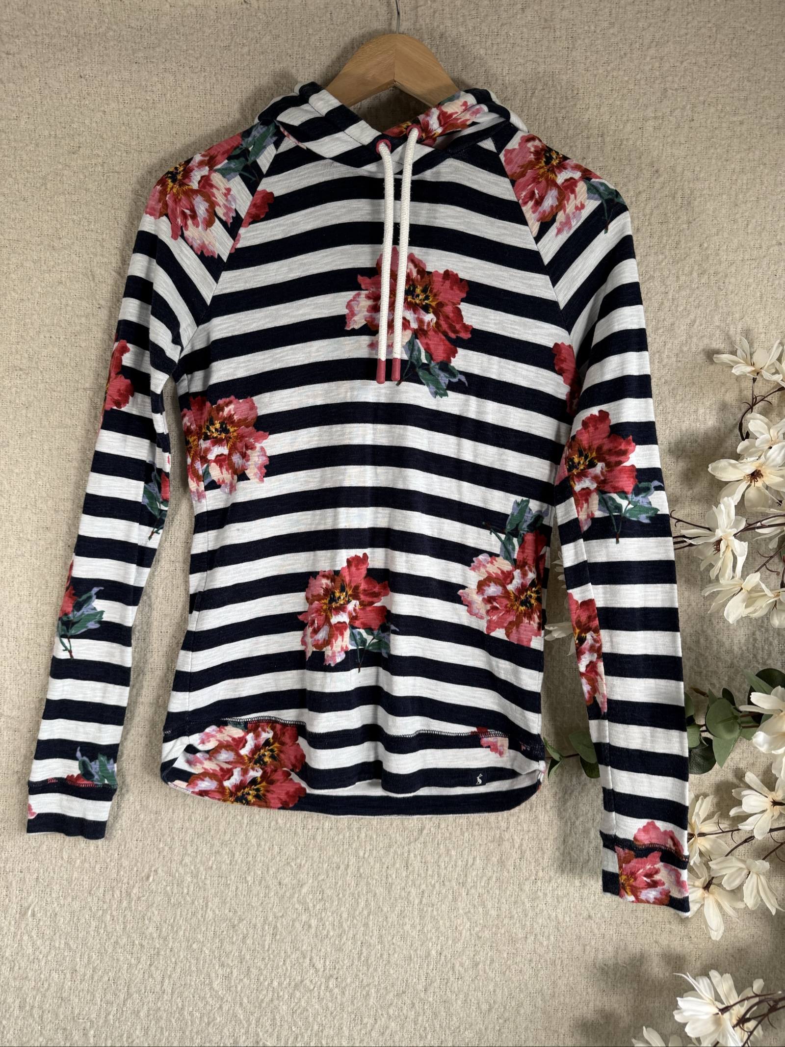 Joules Navy & White Striped Floral Cotton Hoodie UK 10 Casual Stylish Top