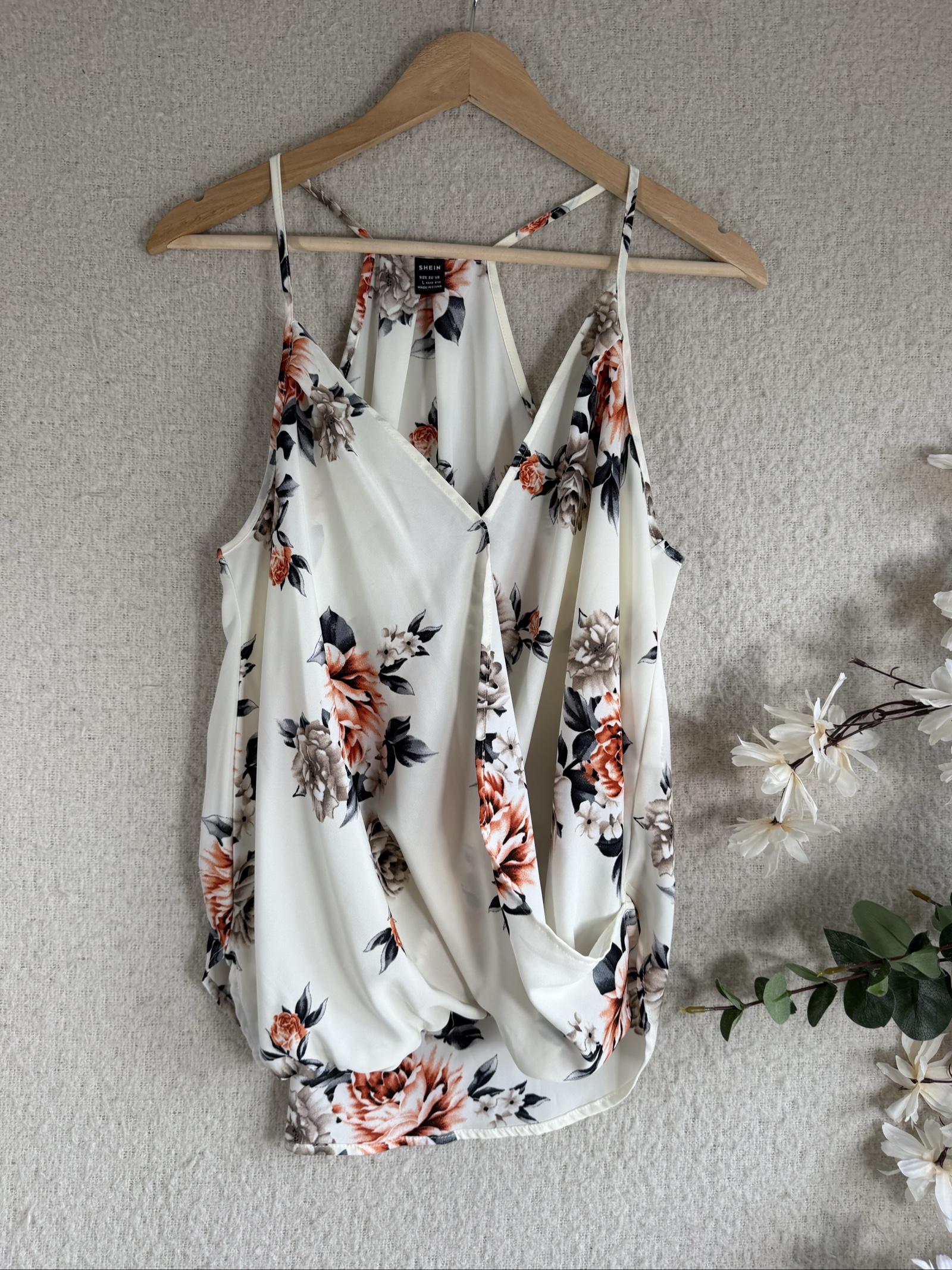 Shein White Floral Print Cami Vest Top Large Lightweight Summer Casual Women