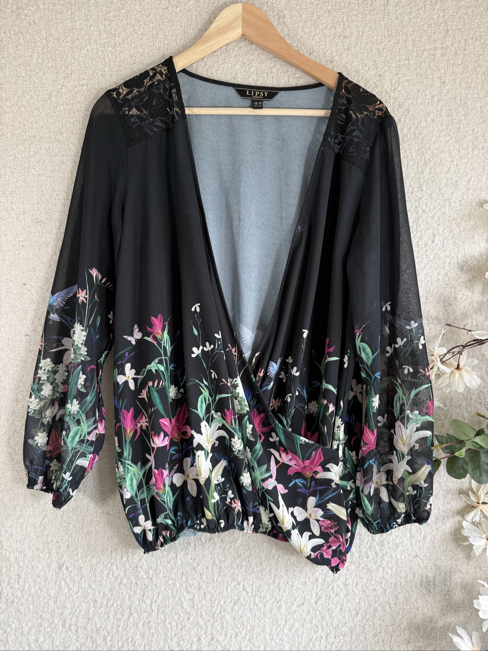 Lipsy Black Floral Lace Trim Chiffon Blouse UK 12 Elegant Sheer Top