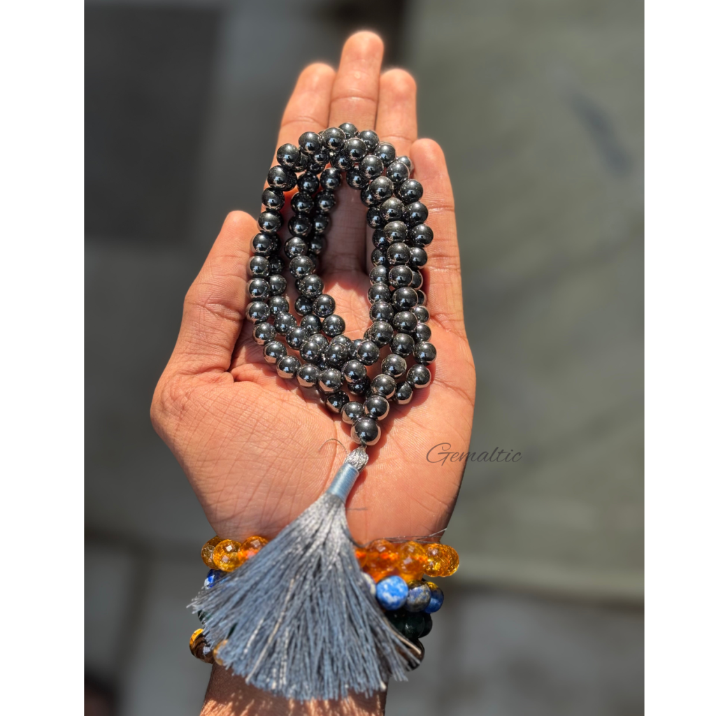 Hematite Jap Mala 108+1 Beads – Certified Natural Stone Prayer Mala for Meditation, Yoga & Spiritual Healing
