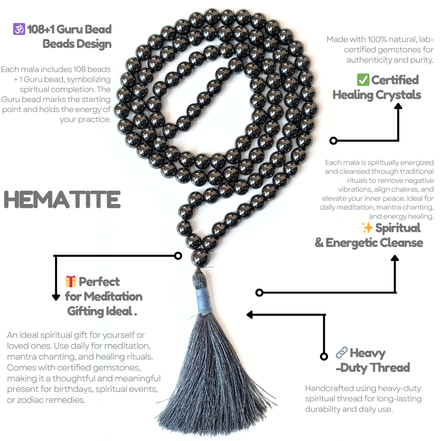 Hematite Jap Mala 108+1 Beads – Certified Natural Stone Prayer Mala for Meditation, Yoga & Spiritual Healing image 2