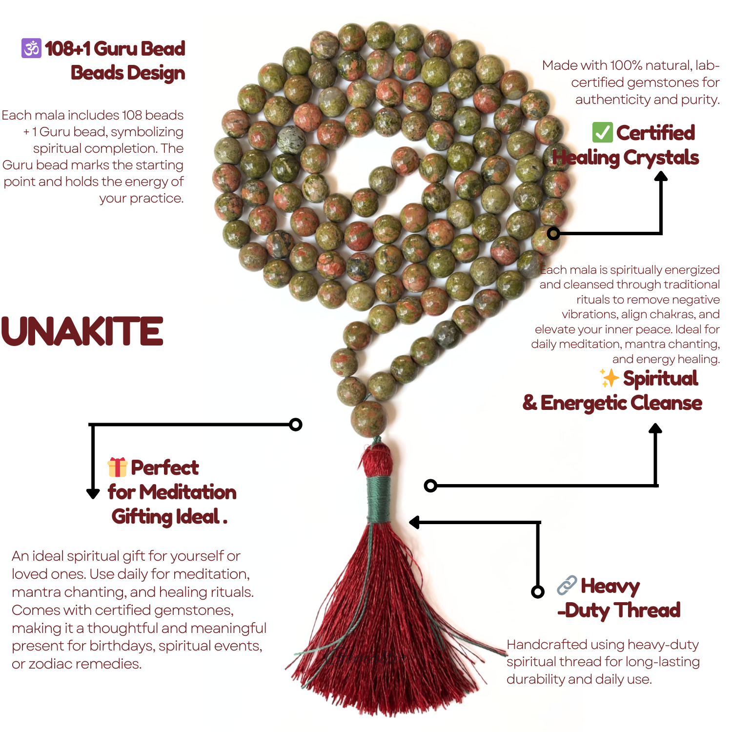 Unakite Gemstone Jap Mala Necklace 108+1 Beads – Natural Certified Stone for Prayer, Meditation & Spiritual Growth image 3