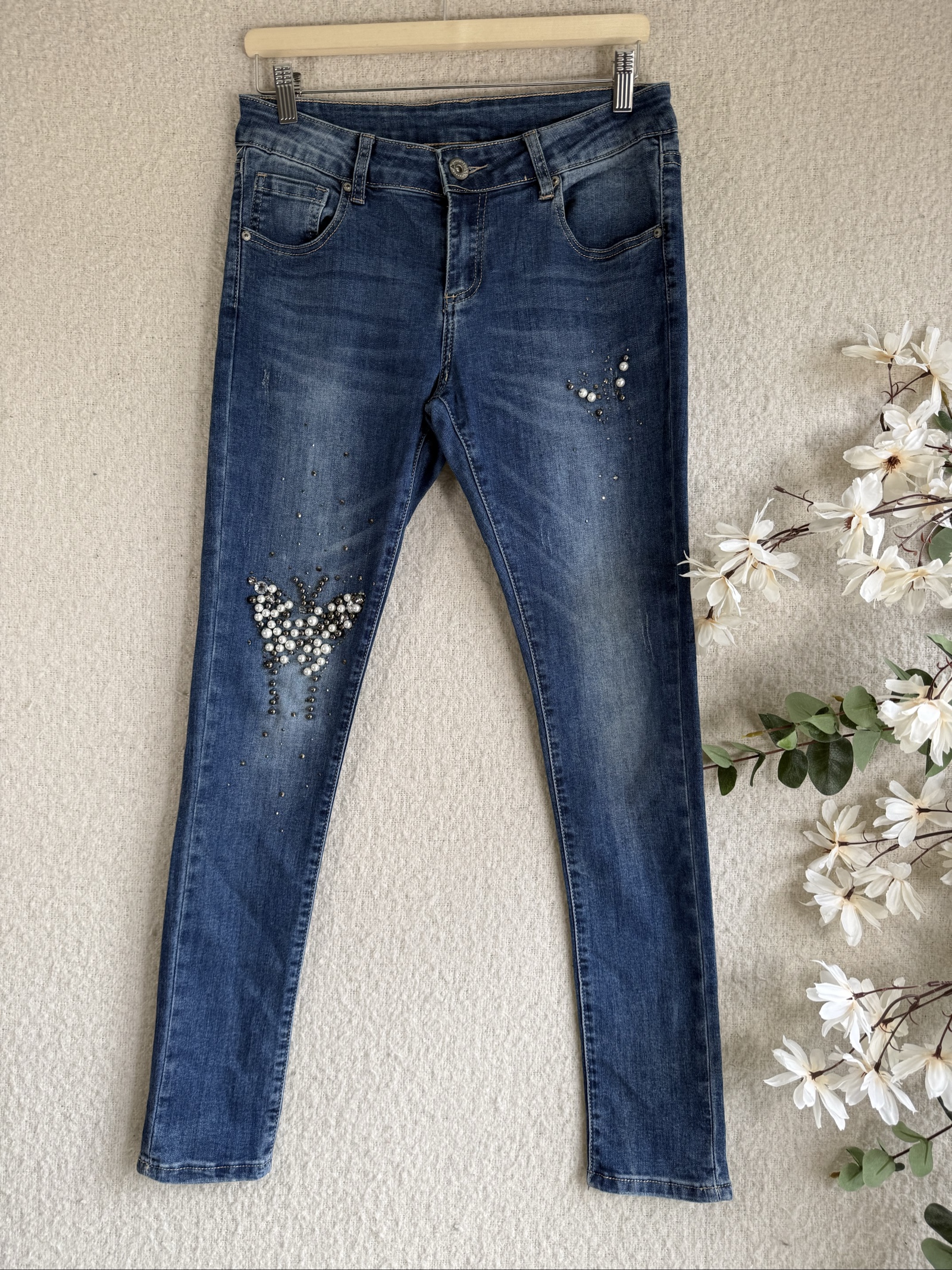Medium Blue Denim Slim Fit Jeans with Pearl & Rhinestone Butterfly Embellishment UK M