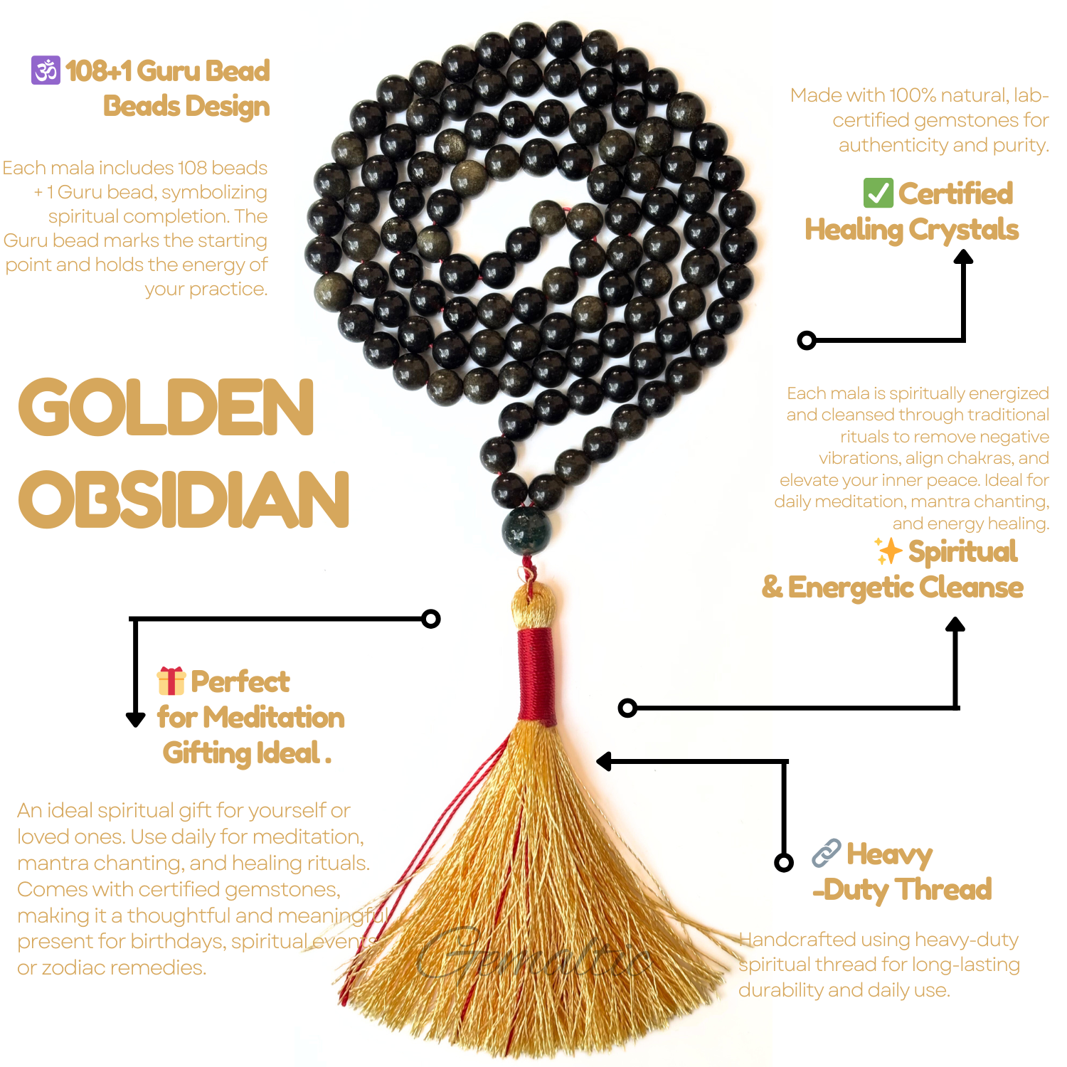 Golden Obsidian Jap Mala 108+1 Beads – Certified Natural Gemstone Prayer Mala for Meditation & Yoga image 3