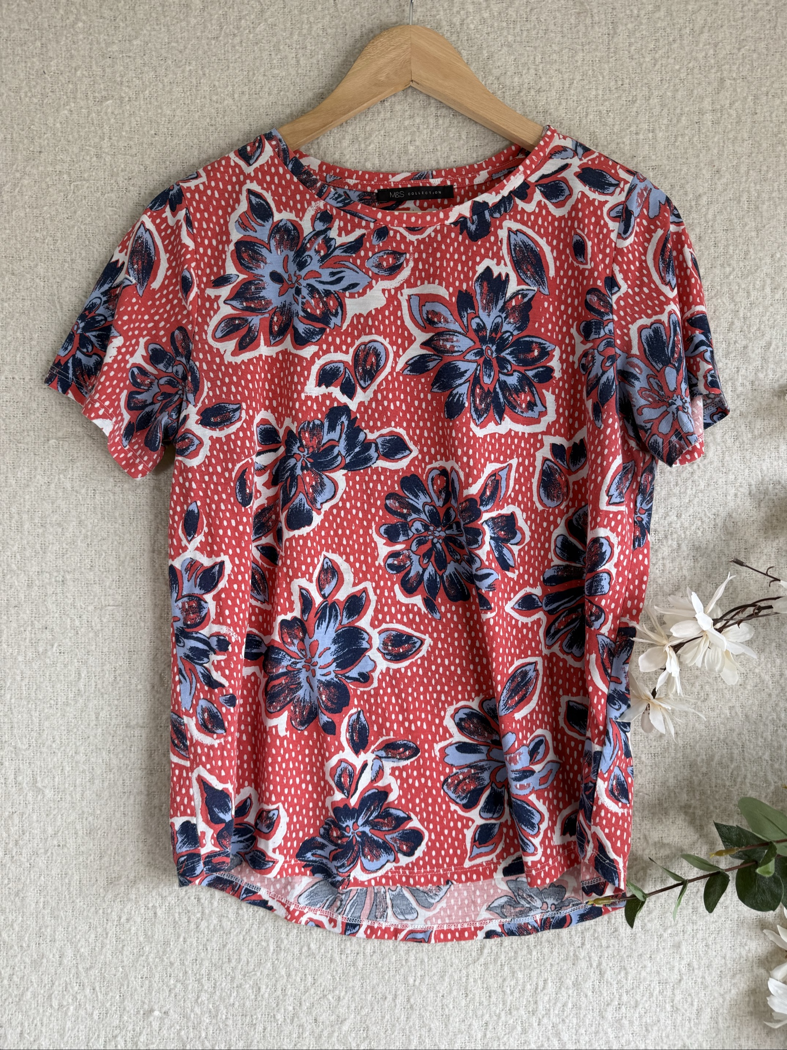 M&S Red & Blue Floral Print Polyester Casual Top UK 14 Summer Tee