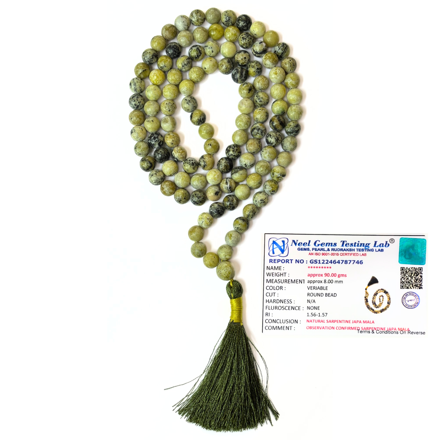 Serpentine Jap Mala 108+1 Beads | Certified Natural Gemstone Prayer Mala Necklace | Meditation, Yoga, Mindfulness, Mantra Chanting & Spiritual Wellness for Men & Women image 2