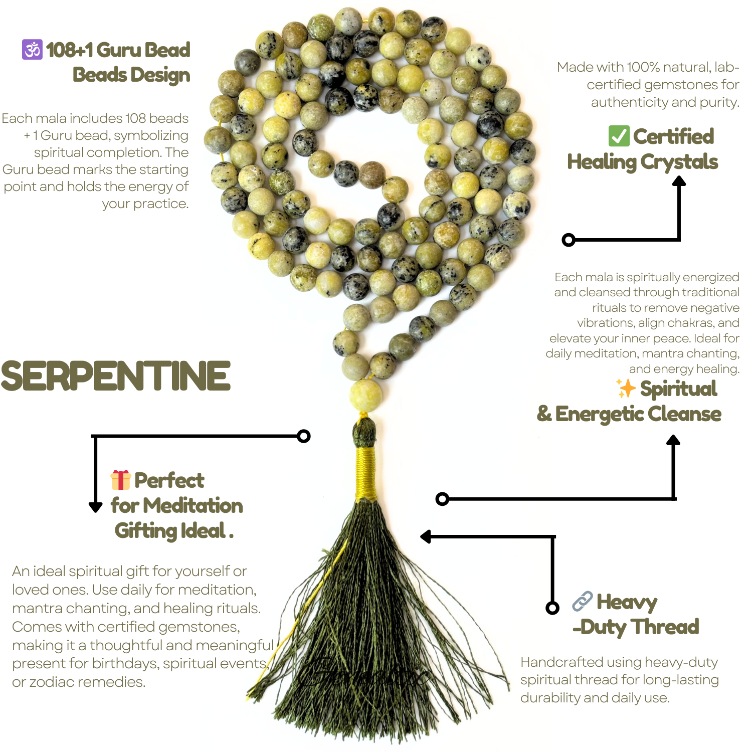 Serpentine Jap Mala 108+1 Beads | Certified Natural Gemstone Prayer Mala Necklace | Meditation, Yoga, Mindfulness, Mantra Chanting & Spiritual Wellness for Men & Women image 3