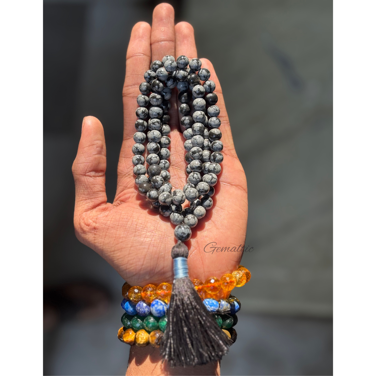 Snowflake Obsidian Jap Mala 108+1 Beads | Certified Natural Gemstone Prayer Mala Necklace | Meditation, Yoga, Mindfulness, Mantra Chanting & Spiritual Wellness for Men & Women Product Description