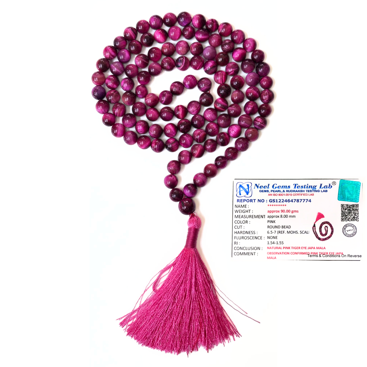 Pink Tiger Eye Jap Mala 108+1 Beads | Certified Natural Gemstone Prayer Mala Necklace | Meditation, Yoga, Mindfulness, Mantra Chanting & Spiritual Wellness for Men & Women image 2