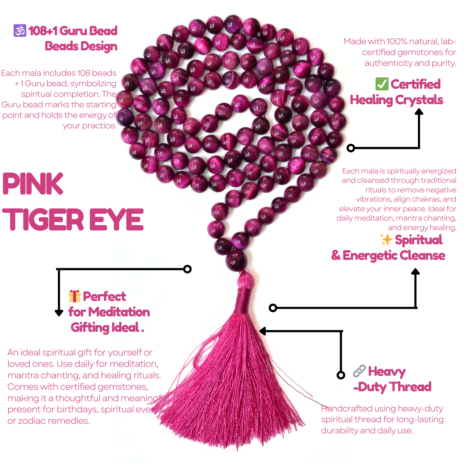 Pink Tiger Eye Jap Mala 108+1 Beads | Certified Natural Gemstone Prayer Mala Necklace | Meditation, Yoga, Mindfulness, Mantra Chanting & Spiritual Wellness for Men & Women image 3