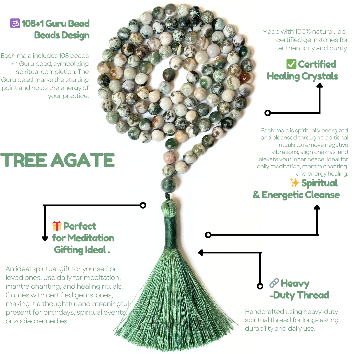 Tree Agate Jap Mala 108+1 Beads | Certified Natural Gemstone Prayer Mala Necklace | Meditation, Yoga, Mindfulness, Mantra Chanting & Spiritual Wellness for Men & Women image 3