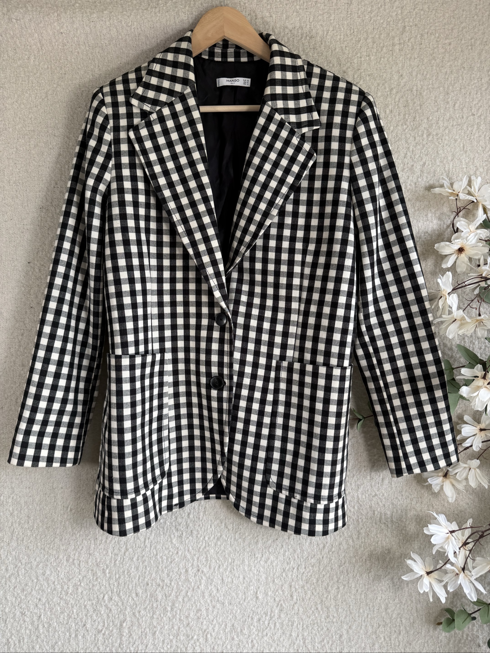 Mango Black & White Check Cotton Blend Blazer UK 10 Classic Check Jacket
