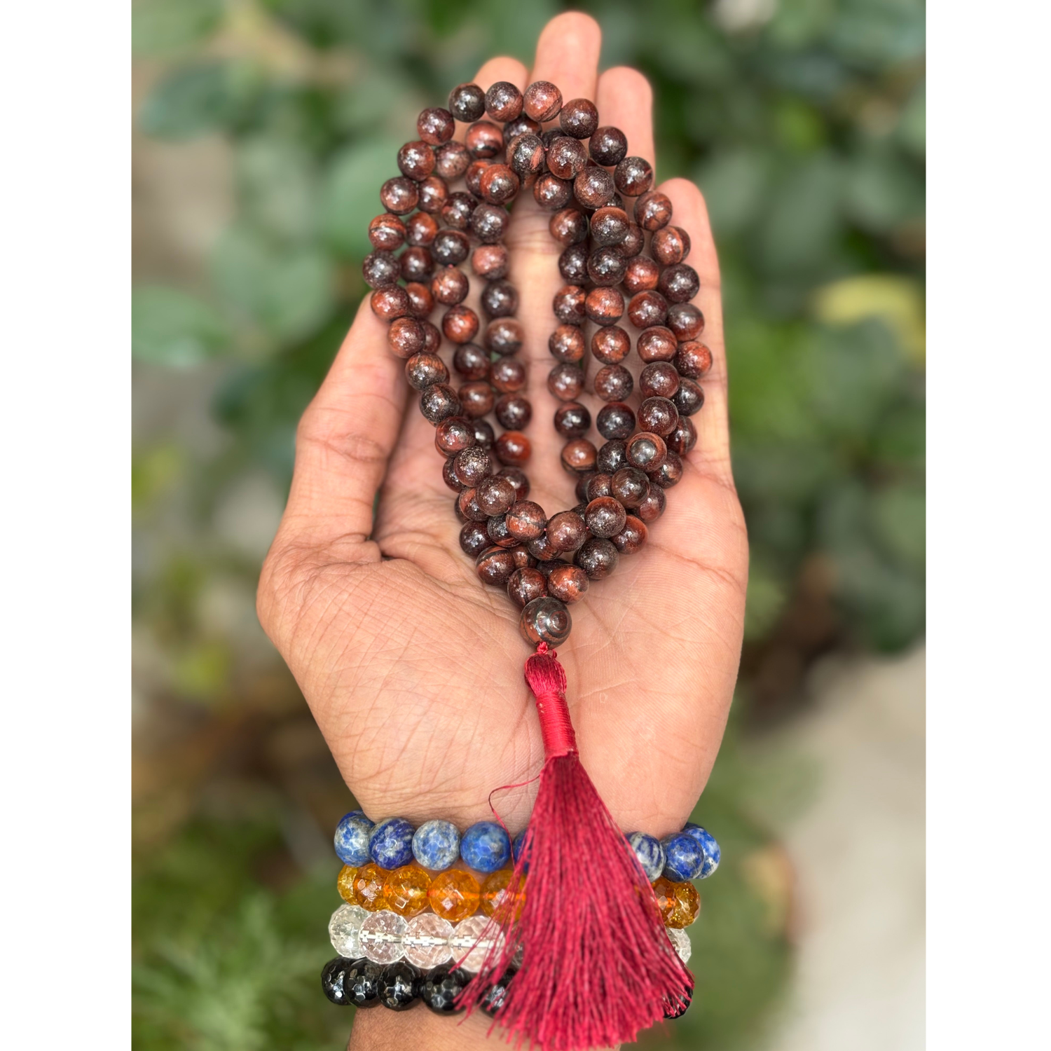Red Tiger Eye Jap Mala 108+1 Beads | Certified Natural Gemstone Prayer Mala Necklace | Meditation, Yoga, Mindfulness, Mantra Chanting & Spiritual Wellness for Men & Women