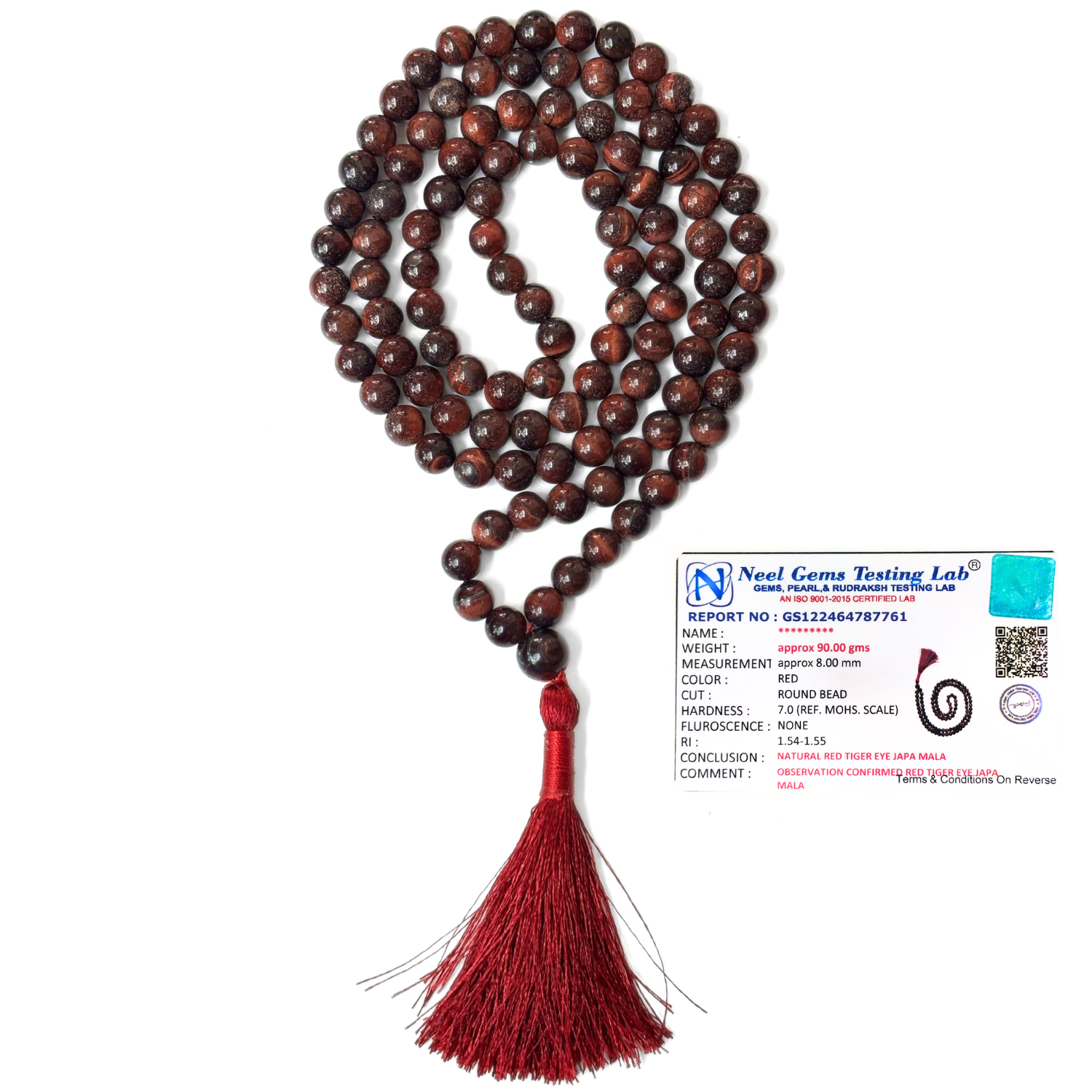 Red Tiger Eye Jap Mala 108+1 Beads | Certified Natural Gemstone Prayer Mala Necklace | Meditation, Yoga, Mindfulness, Mantra Chanting & Spiritual Wellness for Men & Women image 2