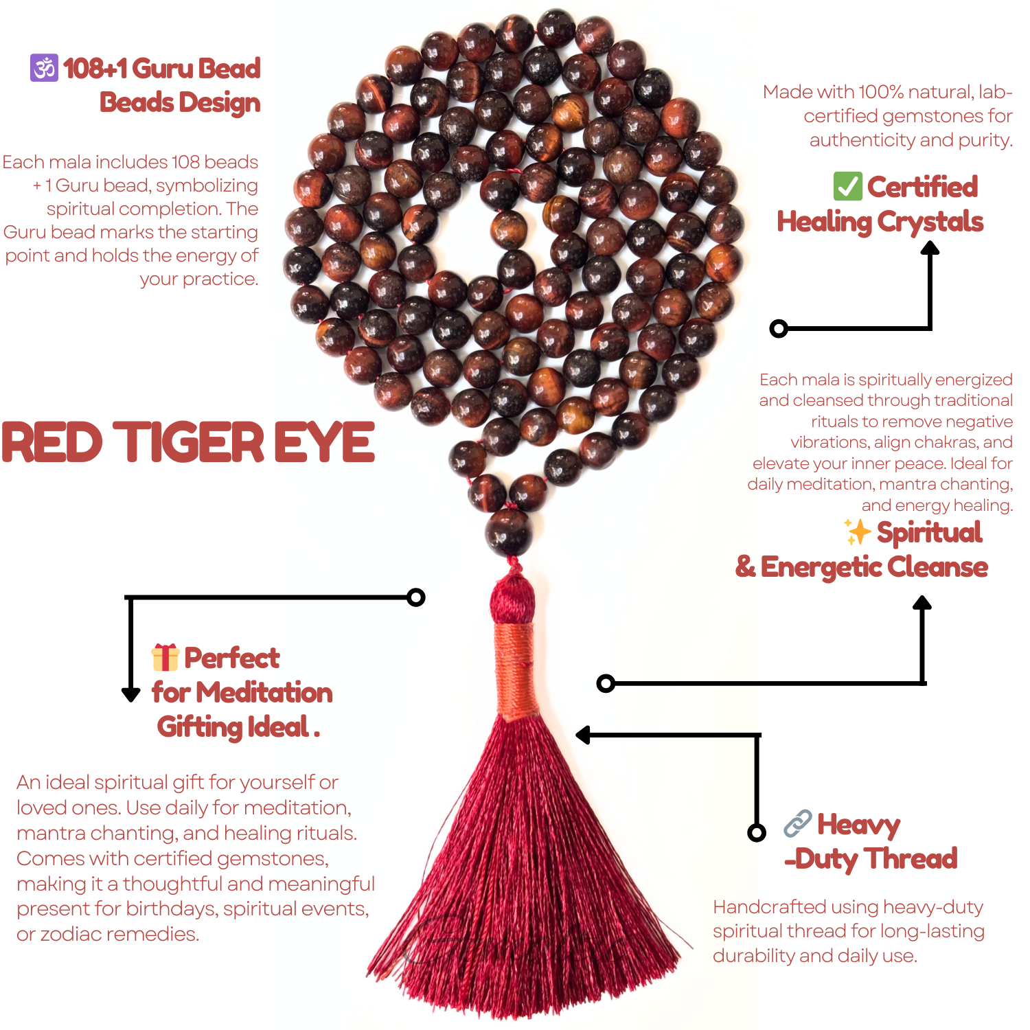 Red Tiger Eye Jap Mala 108+1 Beads | Certified Natural Gemstone Prayer Mala Necklace | Meditation, Yoga, Mindfulness, Mantra Chanting & Spiritual Wellness for Men & Women image 3