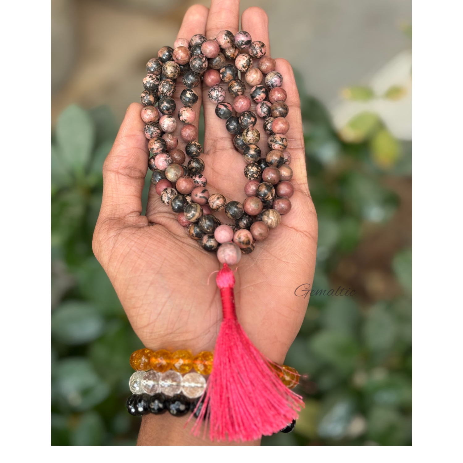 Rhodonite Jap Mala 108+1 Beads | Certified Natural Gemstone Prayer Mala Necklace | Meditation, Yoga, Mindfulness, Mantra Chanting & Spiritual Wellness for Men & Women