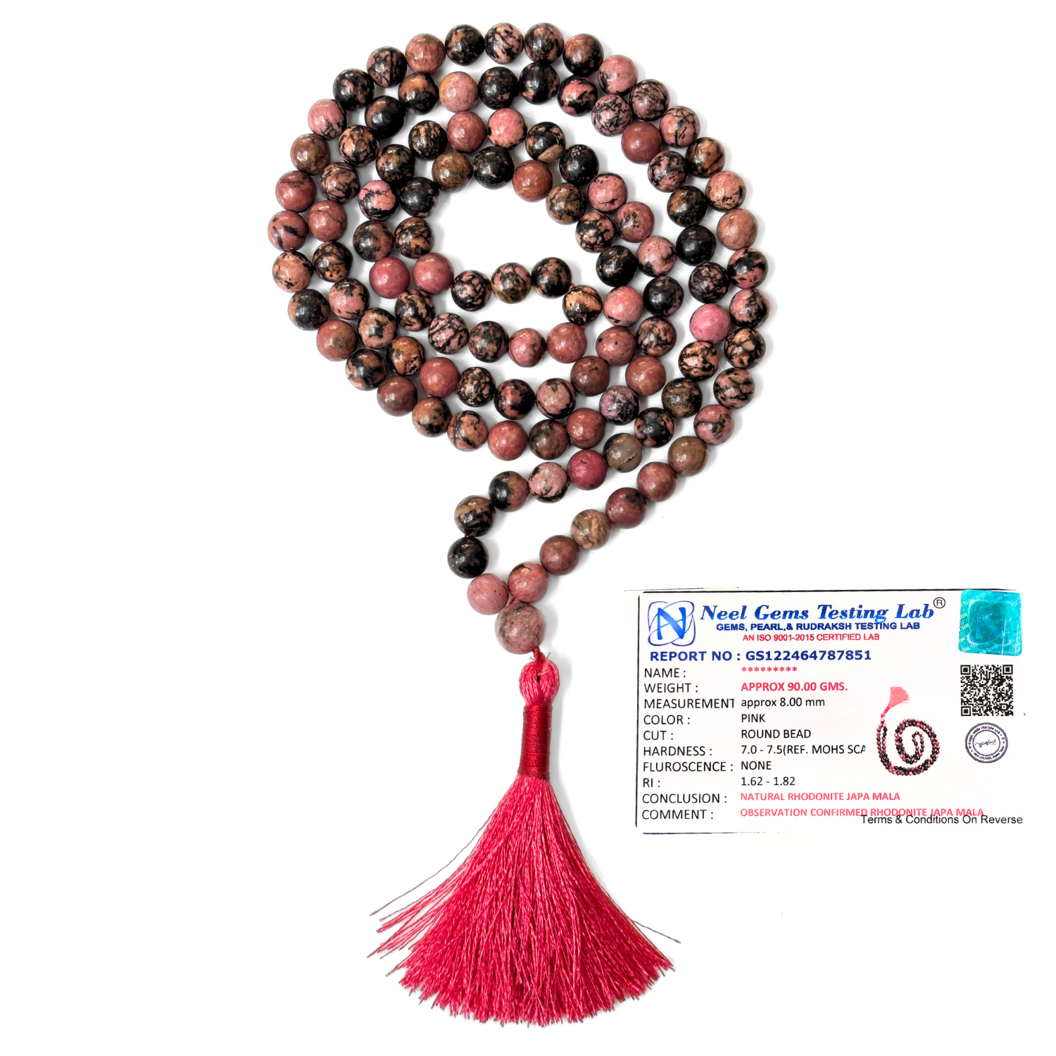 Rhodonite Jap Mala 108+1 Beads | Certified Natural Gemstone Prayer Mala Necklace | Meditation, Yoga, Mindfulness, Mantra Chanting & Spiritual Wellness for Men & Women image 2