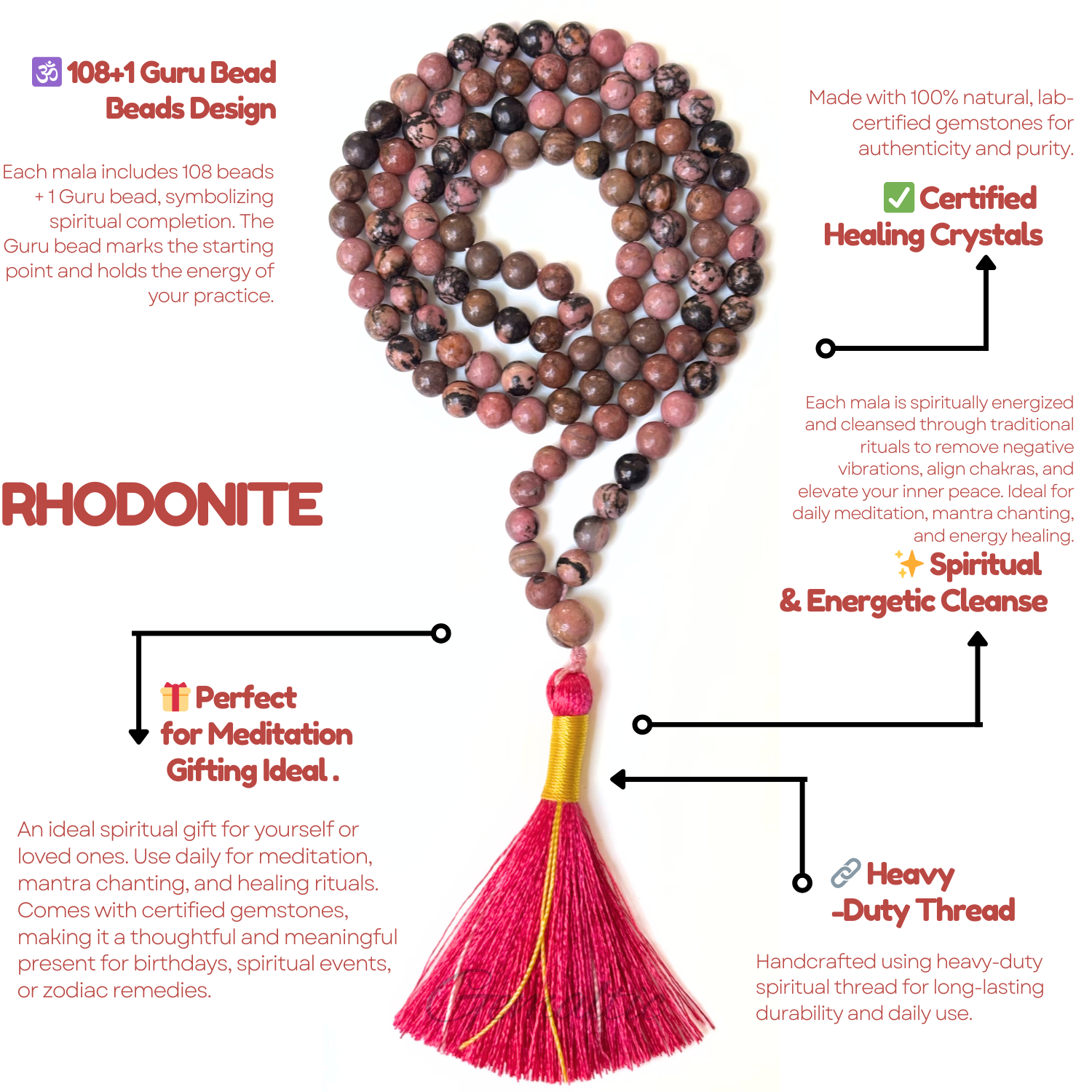 Rhodonite Jap Mala 108+1 Beads | Certified Natural Gemstone Prayer Mala Necklace | Meditation, Yoga, Mindfulness, Mantra Chanting & Spiritual Wellness for Men & Women image 3