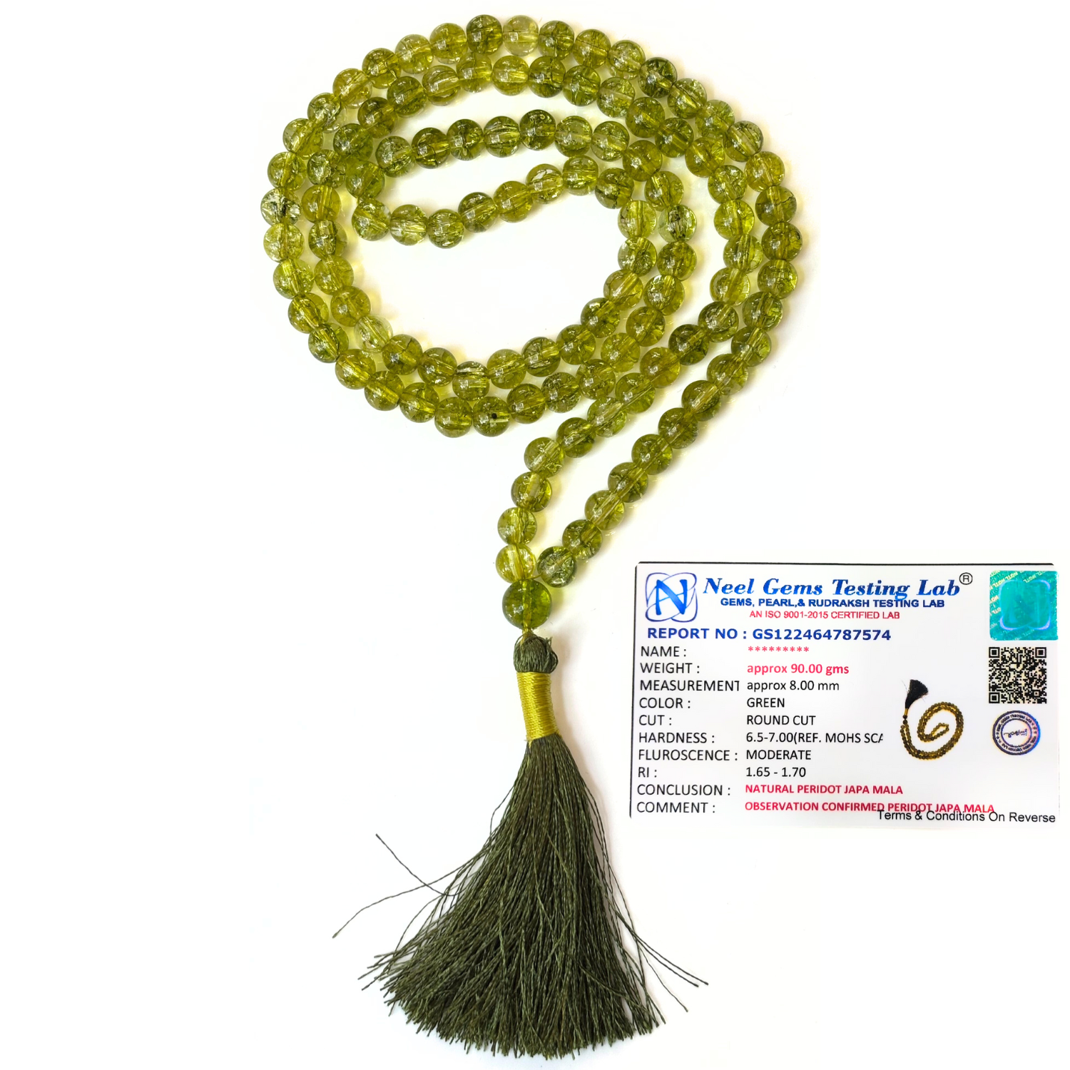 Peridot Jap Mala 108+1 Beads | Certified Natural Gemstone Prayer Mala Necklace | Meditation, Yoga, Mindfulness, Mantra Chanting & Spiritual Wellness for Men & Women image 2