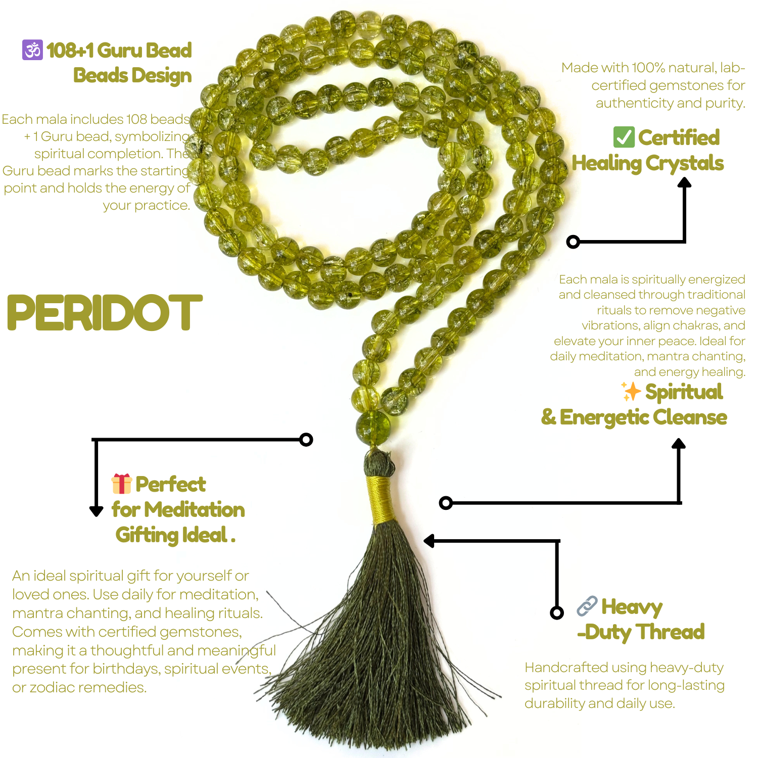 Peridot Jap Mala 108+1 Beads | Certified Natural Gemstone Prayer Mala Necklace | Meditation, Yoga, Mindfulness, Mantra Chanting & Spiritual Wellness for Men & Women image 3