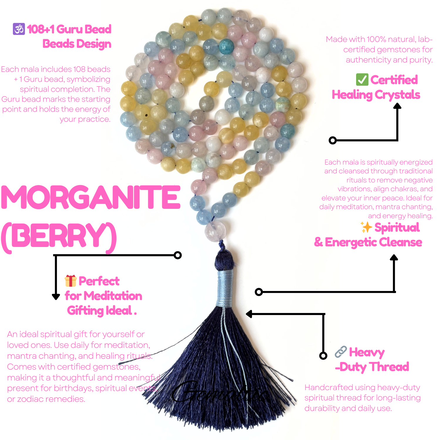 Morganite Berry Jap Mala 108+1 Beads | Certified Natural Gemstone Prayer Mala Necklace | Meditation, Yoga, Mindfulness, Mantra Chanting & Spiritual Wellness for Men & Women image 3