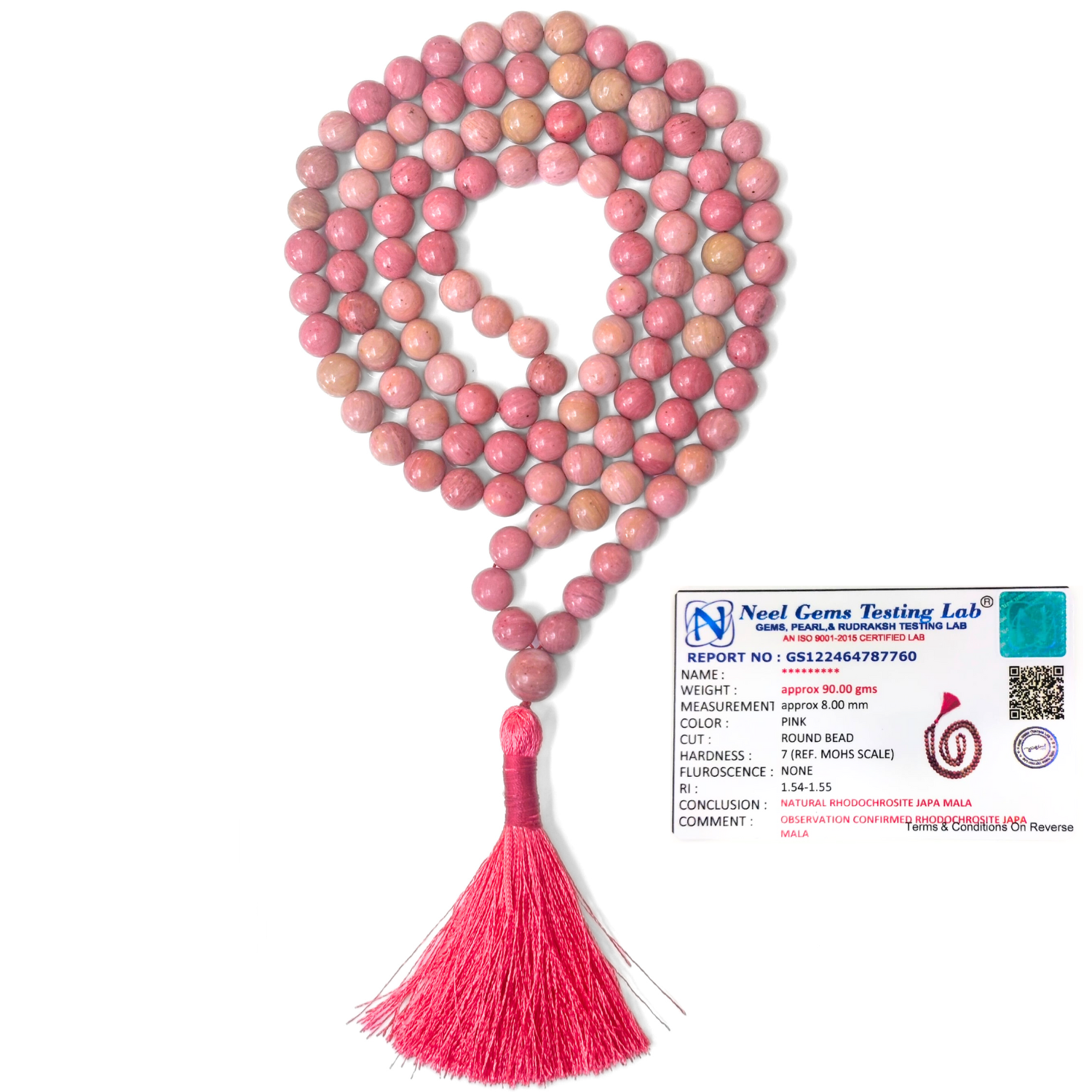Rhodochrosite Jap Mala 108+1 Beads | Certified Natural Gemstone Prayer Mala Necklace | Meditation, Yoga, Mindfulness, Mantra Chanting & Spiritual Wellness for Men & Women image 2