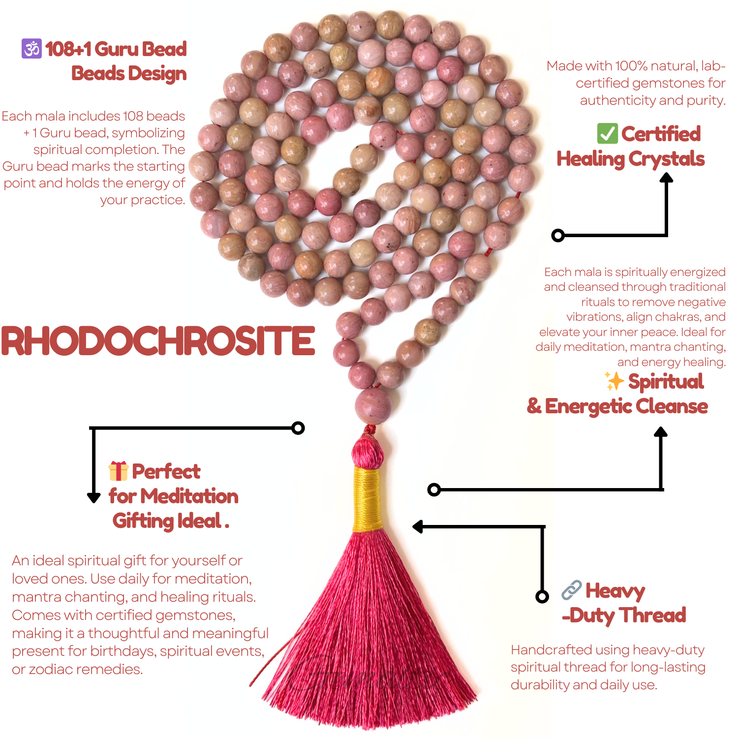 Rhodochrosite Jap Mala 108+1 Beads | Certified Natural Gemstone Prayer Mala Necklace | Meditation, Yoga, Mindfulness, Mantra Chanting & Spiritual Wellness for Men & Women image 3