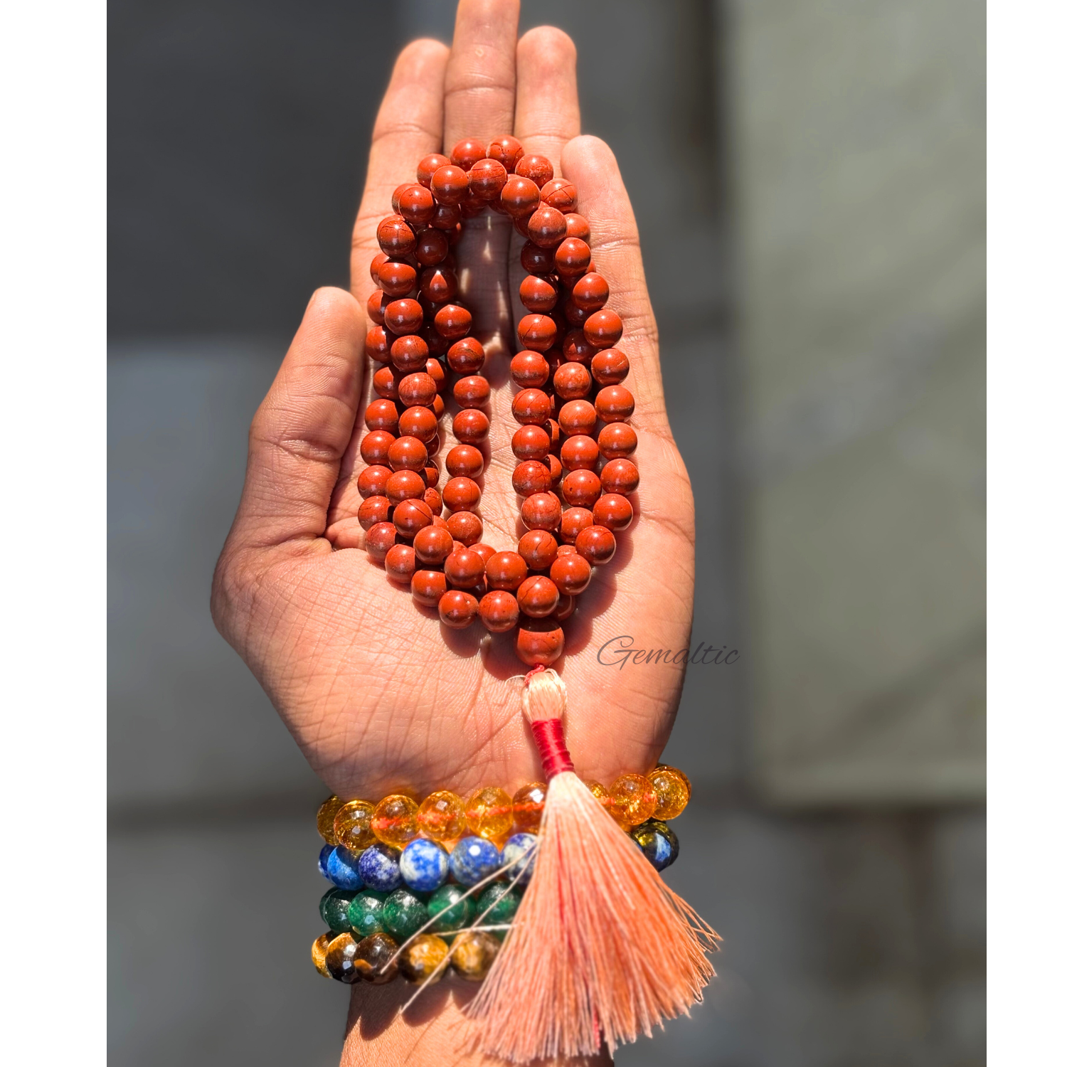 Red Jasper Jap Mala 108+1 Beads | Certified Natural Gemstone Prayer Mala Necklace | Meditation, Yoga, Mindfulness, Mantra Chanting & Spiritual Wellness for Men & Women