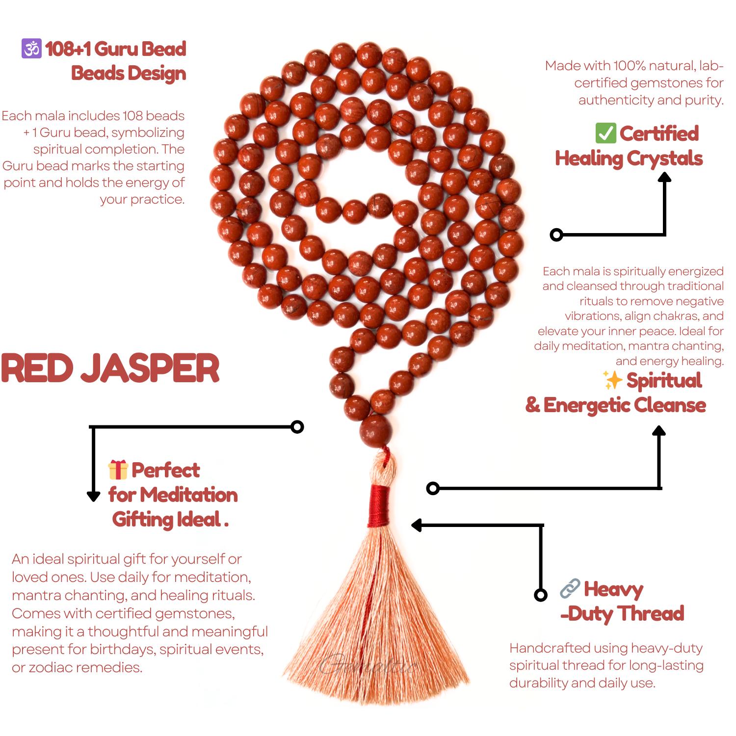 Red Jasper Jap Mala 108+1 Beads | Certified Natural Gemstone Prayer Mala Necklace | Meditation, Yoga, Mindfulness, Mantra Chanting & Spiritual Wellness for Men & Women image 3