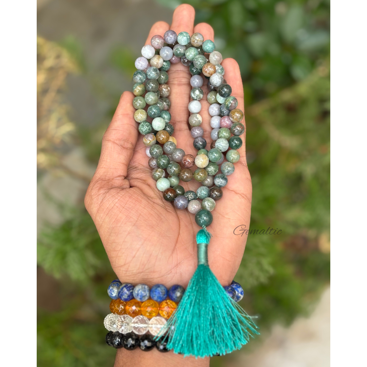 Indian Agate Jap Mala 108+1 Beads | Certified Natural Gemstone Prayer Mala Necklace | Meditation, Yoga, Mindfulness, Mantra Chanting & Spiritual Wellness for Men & Women