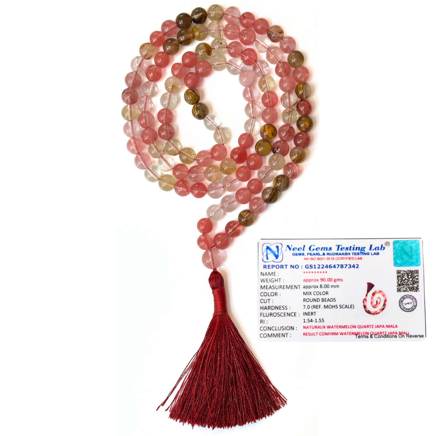 Watermelon Quartz Jap Mala 108+1 Beads | Certified Natural Gemstone Prayer Mala Necklace | Meditation, Yoga, Mindfulness, Mantra Chanting & Spiritual Wellness for Men & Women image 2