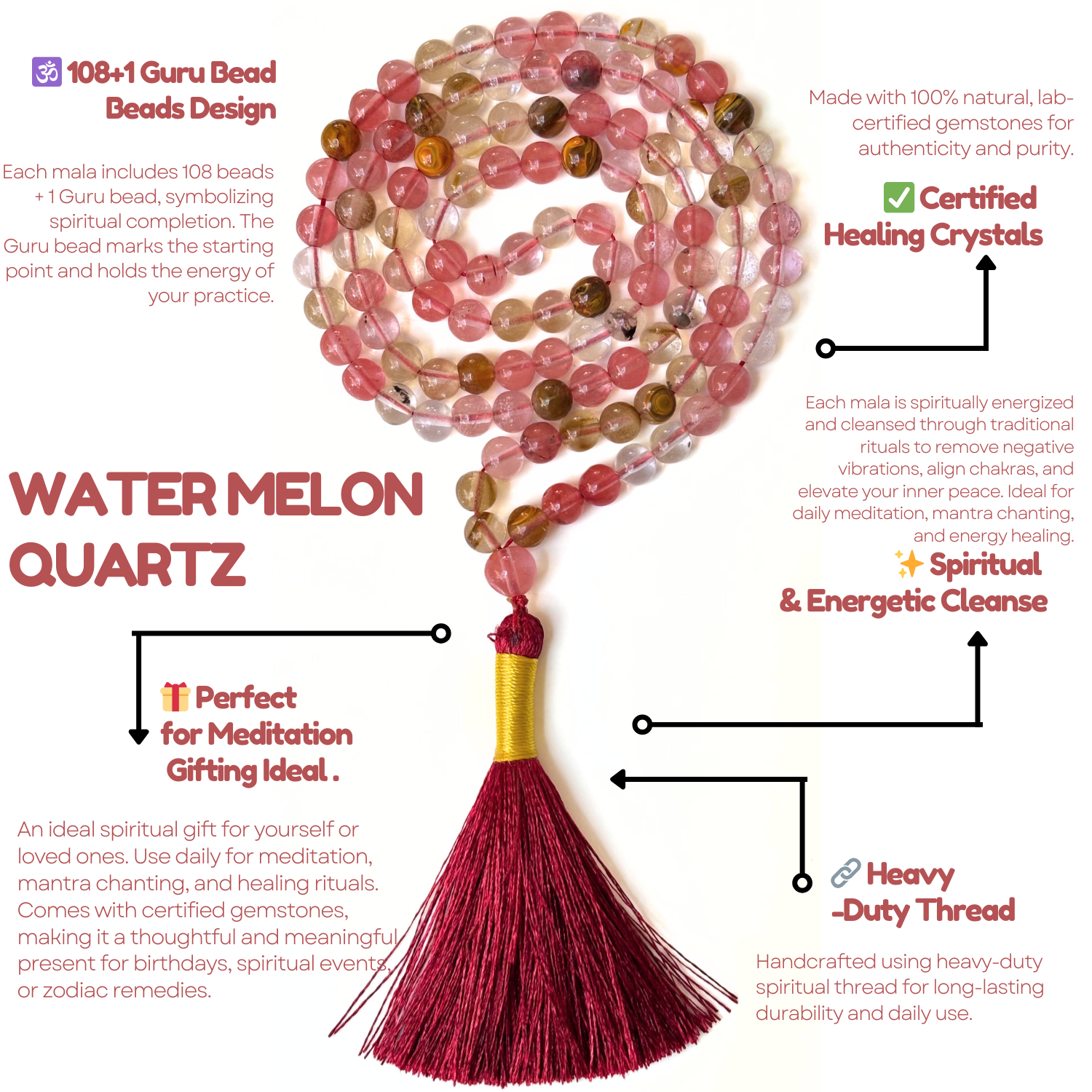 Watermelon Quartz Jap Mala 108+1 Beads | Certified Natural Gemstone Prayer Mala Necklace | Meditation, Yoga, Mindfulness, Mantra Chanting & Spiritual Wellness for Men & Women image 3