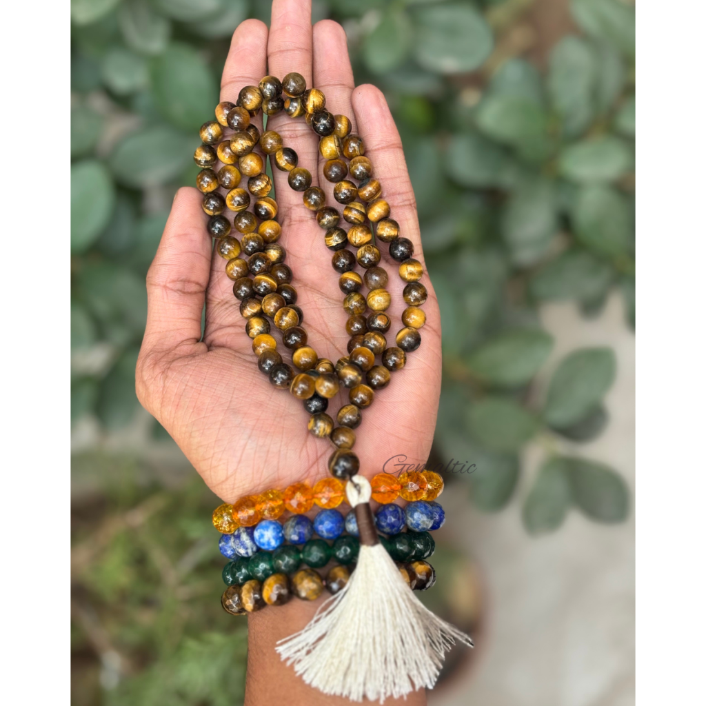 Tiger Eye Jap Mala 108+1 Beads | Certified Natural Gemstone Prayer Mala Necklace | Meditation, Yoga, Mindfulness, Mantra Chanting & Spiritual Wellness for Men & Women