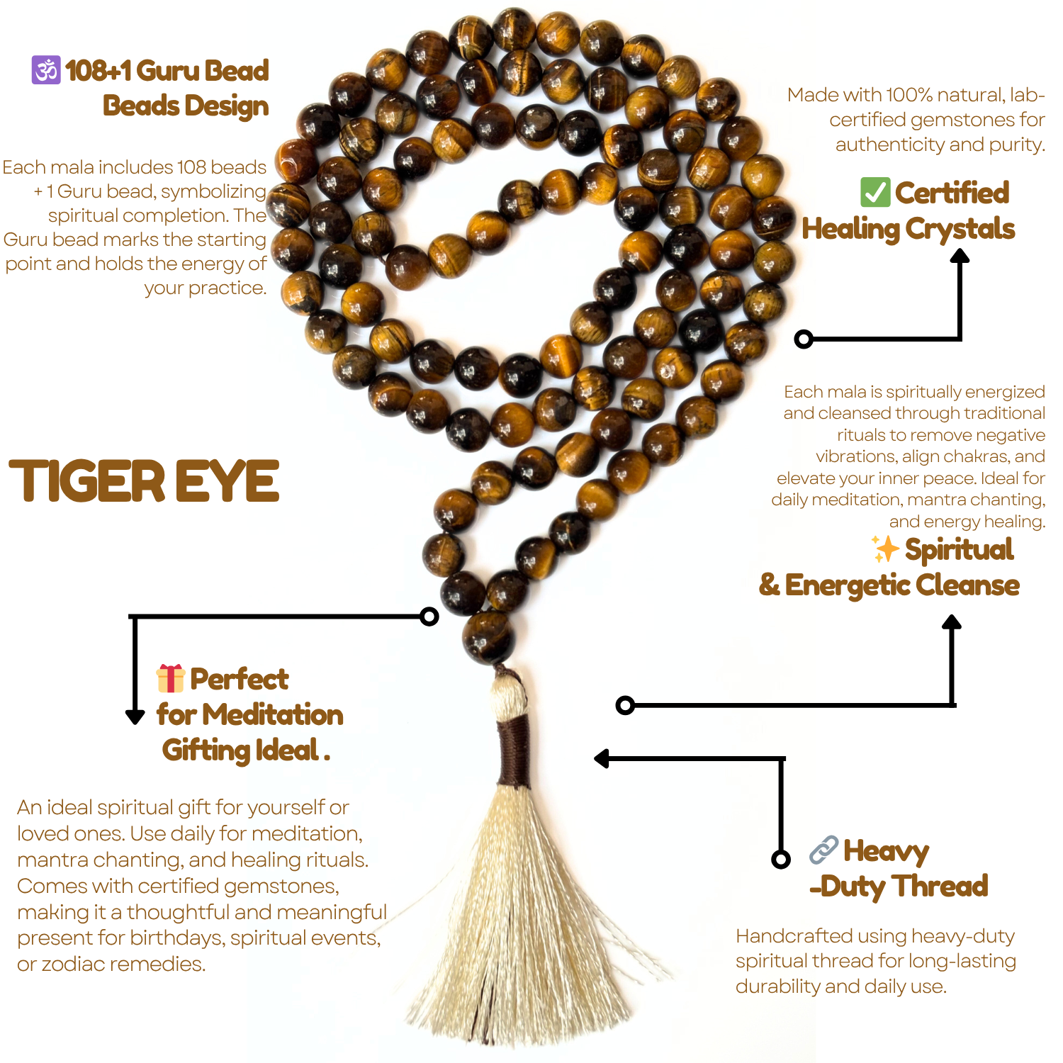 Tiger Eye Jap Mala 108+1 Beads | Certified Natural Gemstone Prayer Mala Necklace | Meditation, Yoga, Mindfulness, Mantra Chanting & Spiritual Wellness for Men & Women image 3