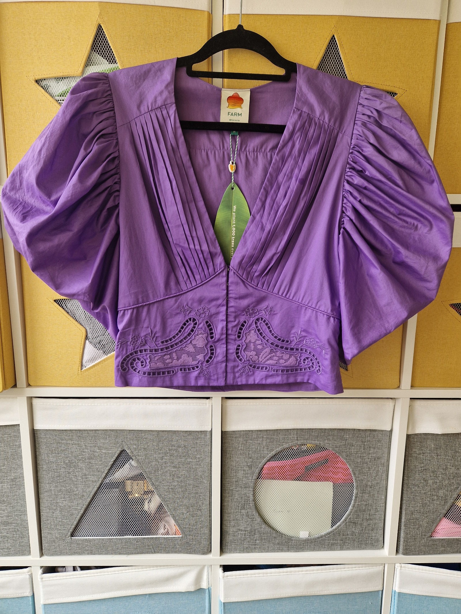 Farm Purple Puff Sleeve Crop Top With Embroidery XS