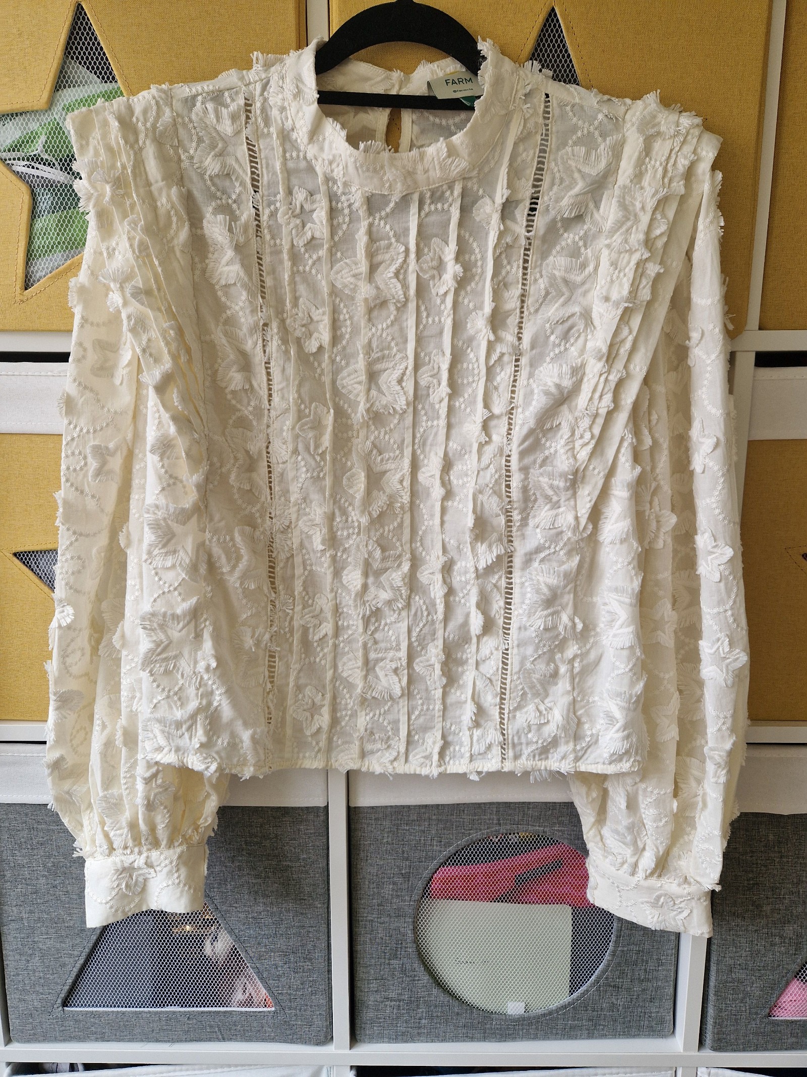 Farm Rio White Embroidered Lace Blouse Small Puff Sleeves