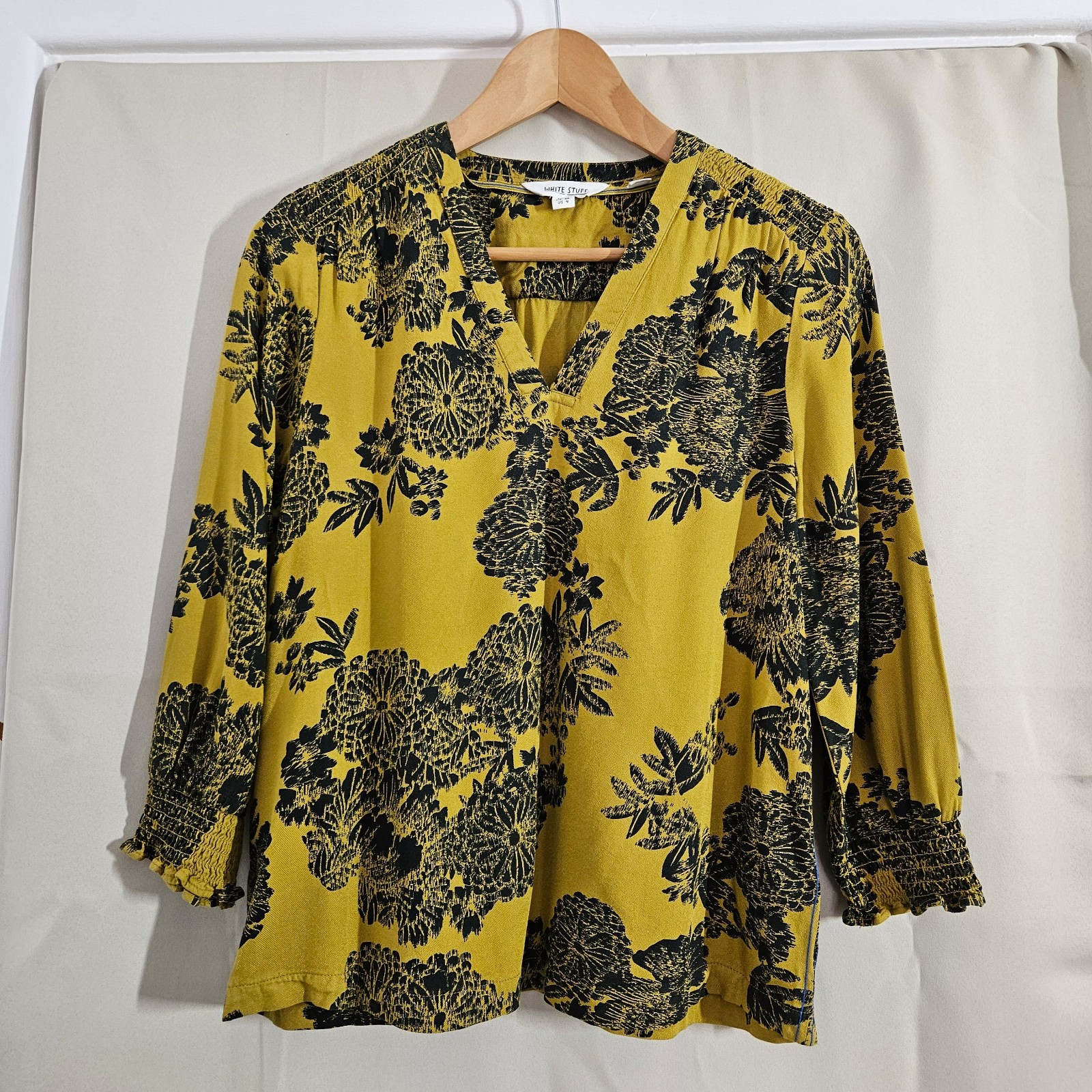 White Stuff Mustard & Black Floral Print Top UK 8