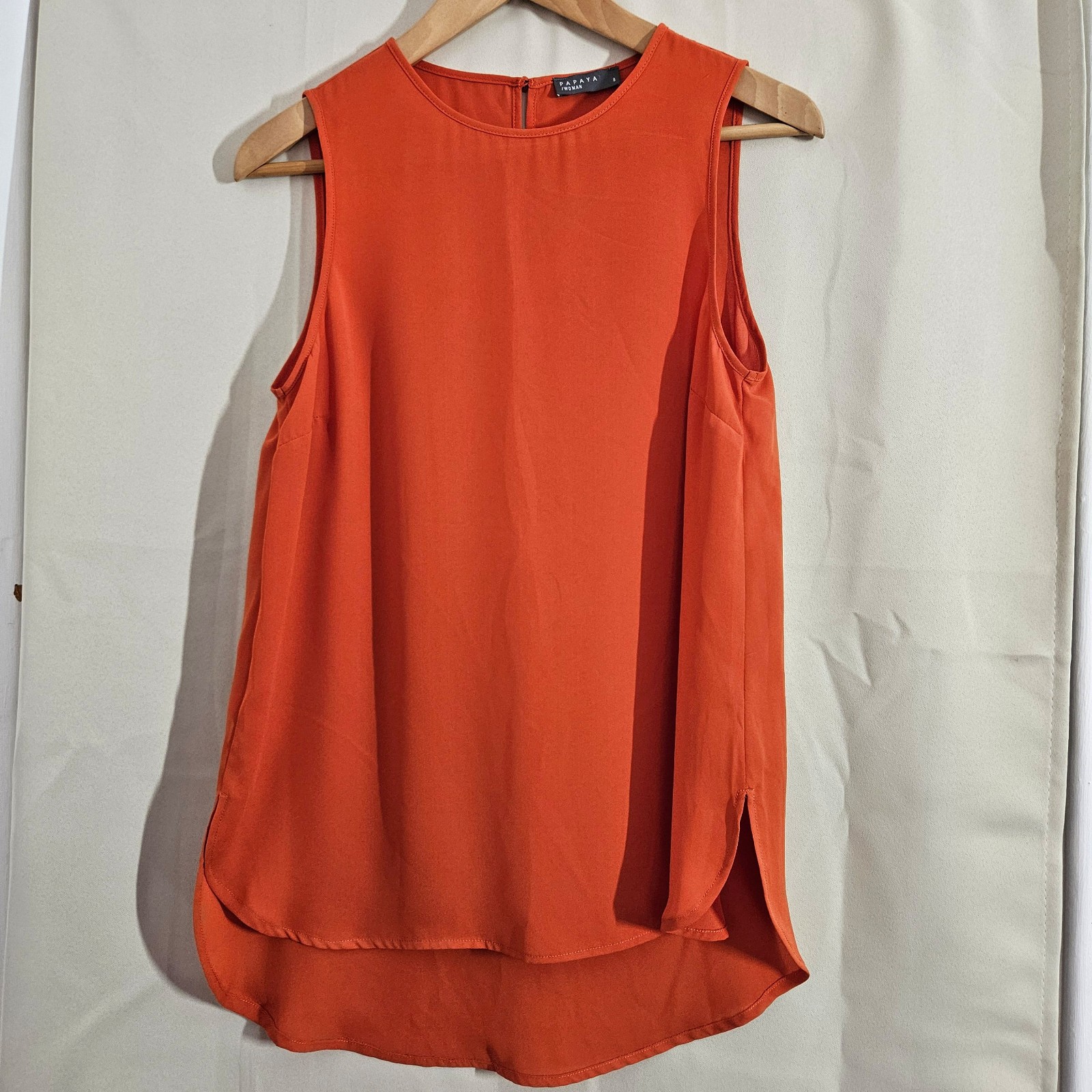 Papaya Orange Sleeveless Blouse UK 8 Sheer Button Back