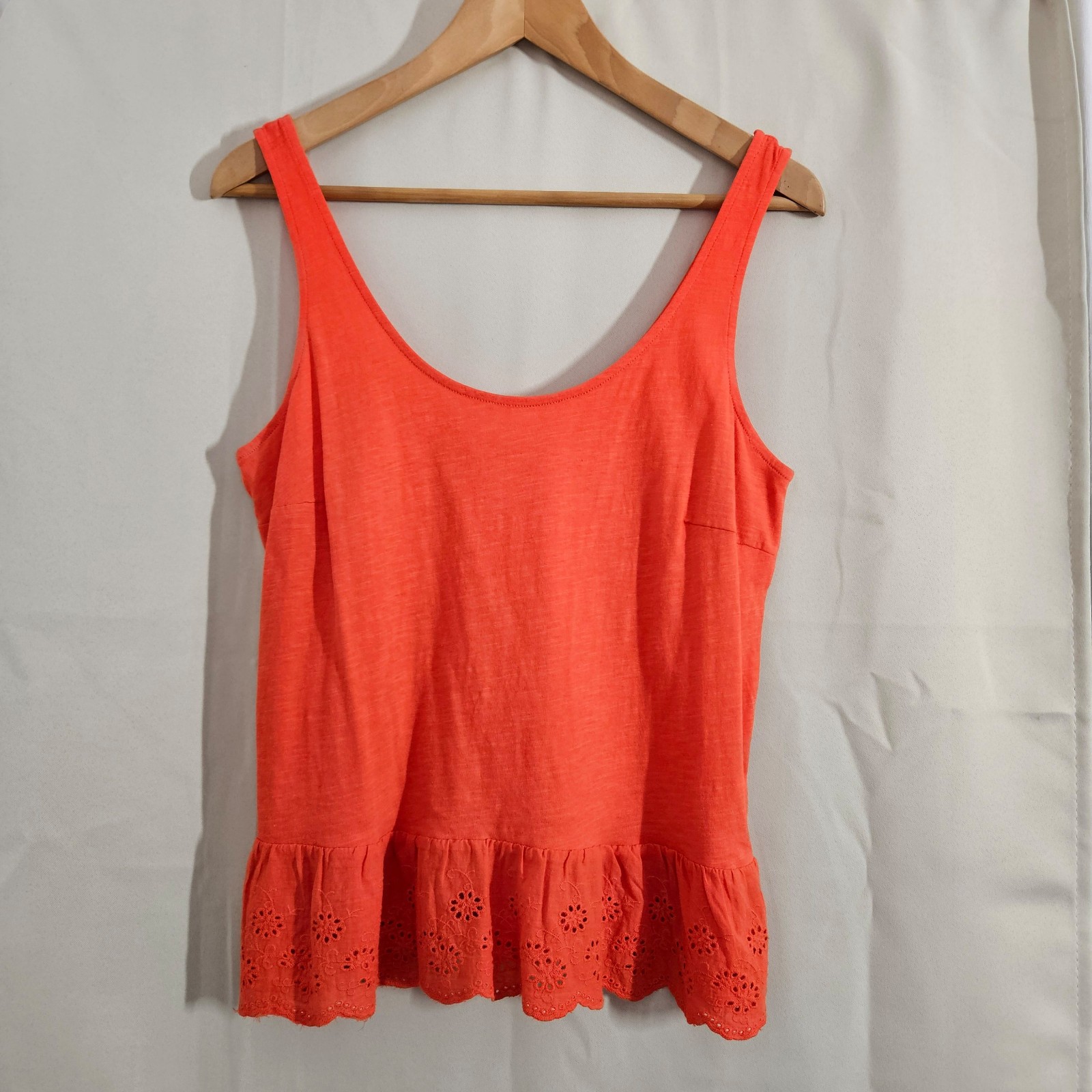 Papaya Orange Cotton Sleeveless Top with Eyelet Ruffle Detail size 10