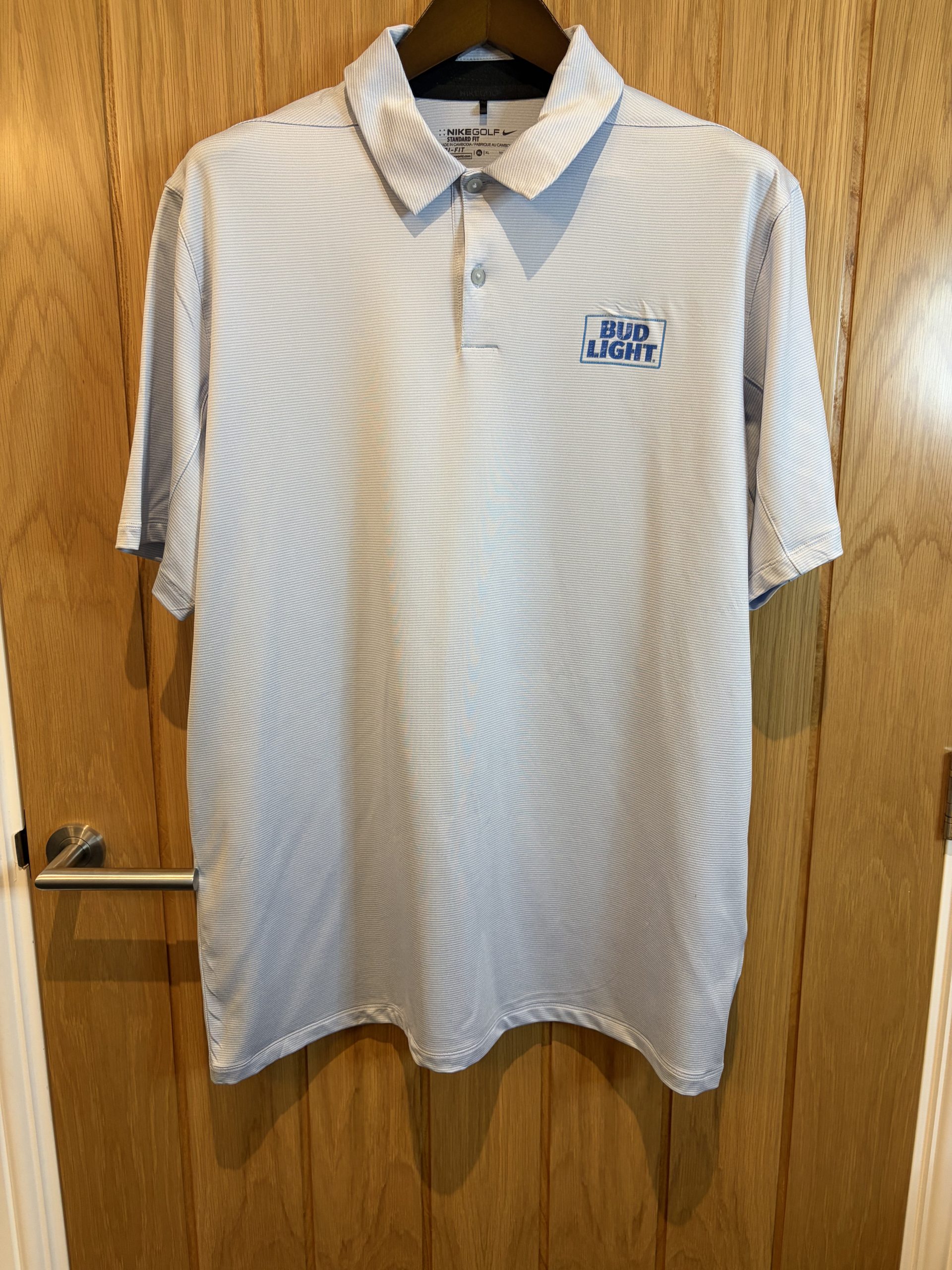 Nike Golf Dri-FIT Polo Light Blue Striped Bud Light Golf Sports Top Mens XL