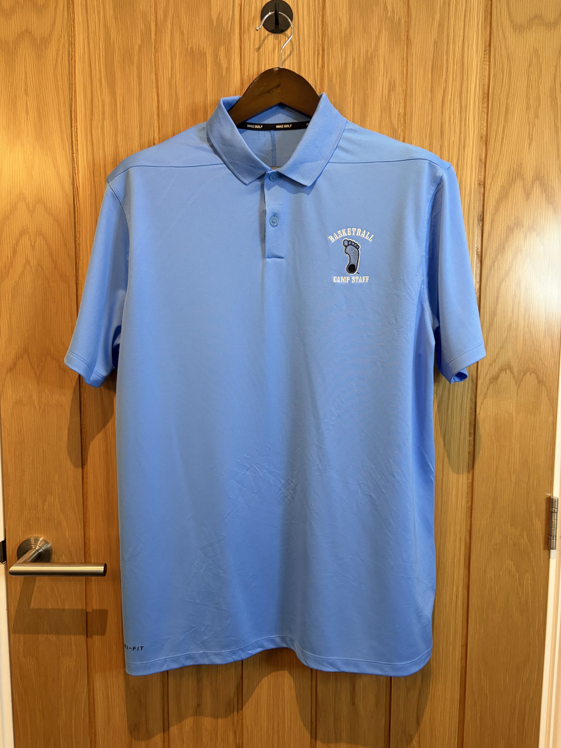 Nike Golf Dri-FIT Polo Shirt Mens Large Blue Basketball Camp Staff Embroidered Logo Performance Top