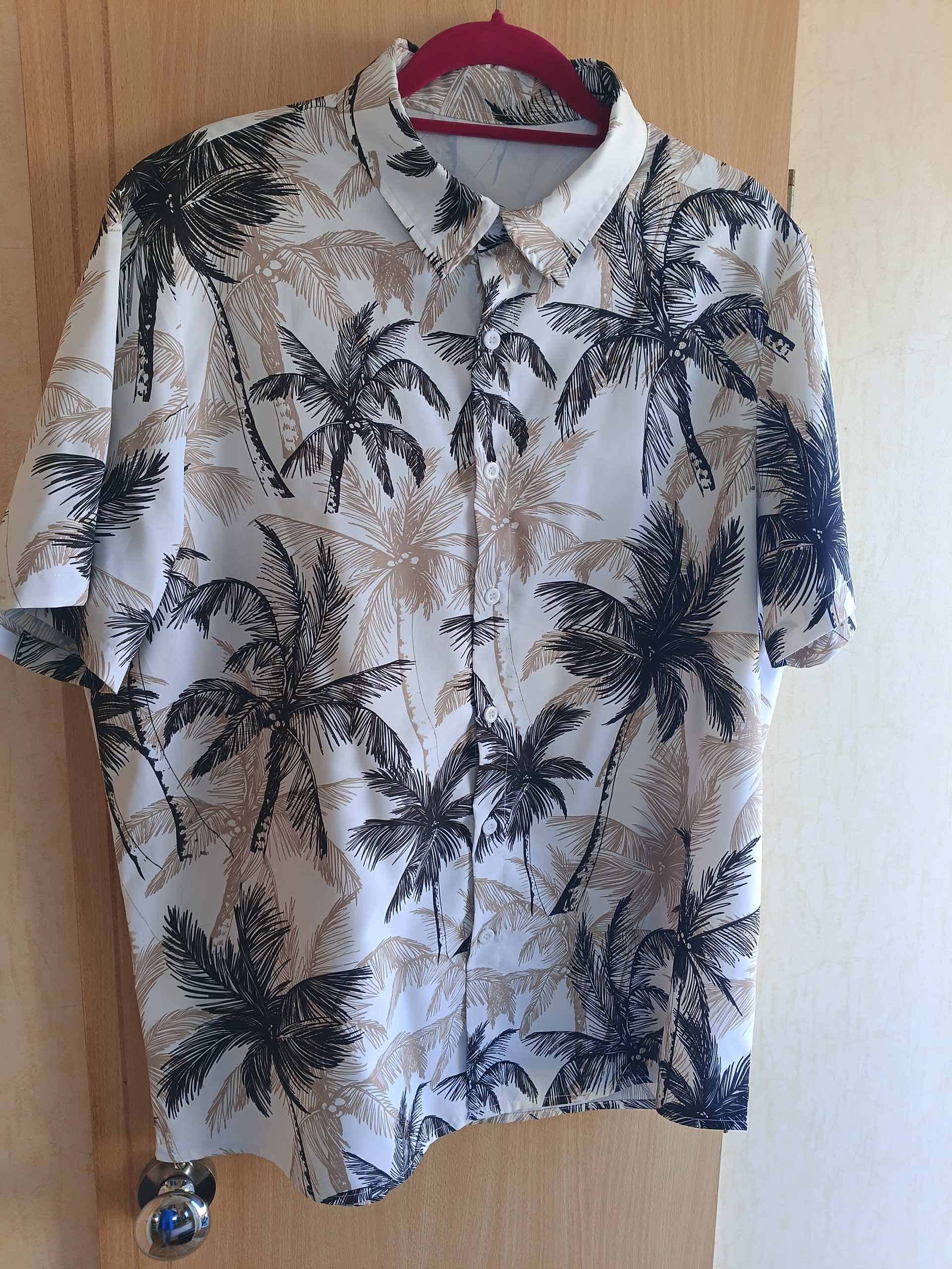 Palm Print White & Beige Shirt XL Mens 100% Polyester