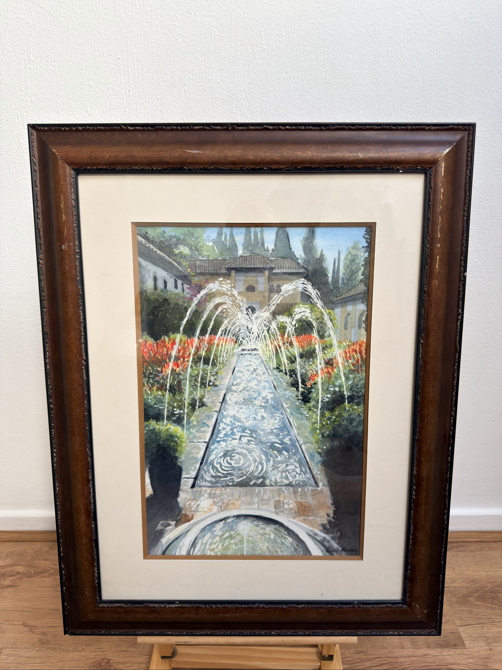 Lopez Montero Fountain Garden Scene Watercolor Painting Framed