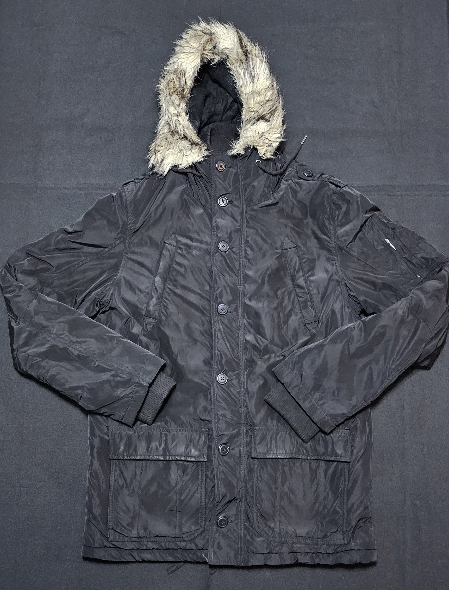 Smog Black Hooded Fur Trim Jacket Large Warm Winter Coat