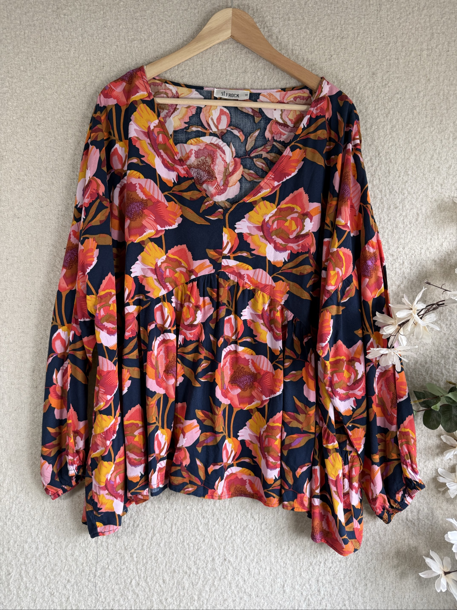 St Frock Navy Blue Floral Cotton Blouse UK 18 Long Sleeve V Neck Top
