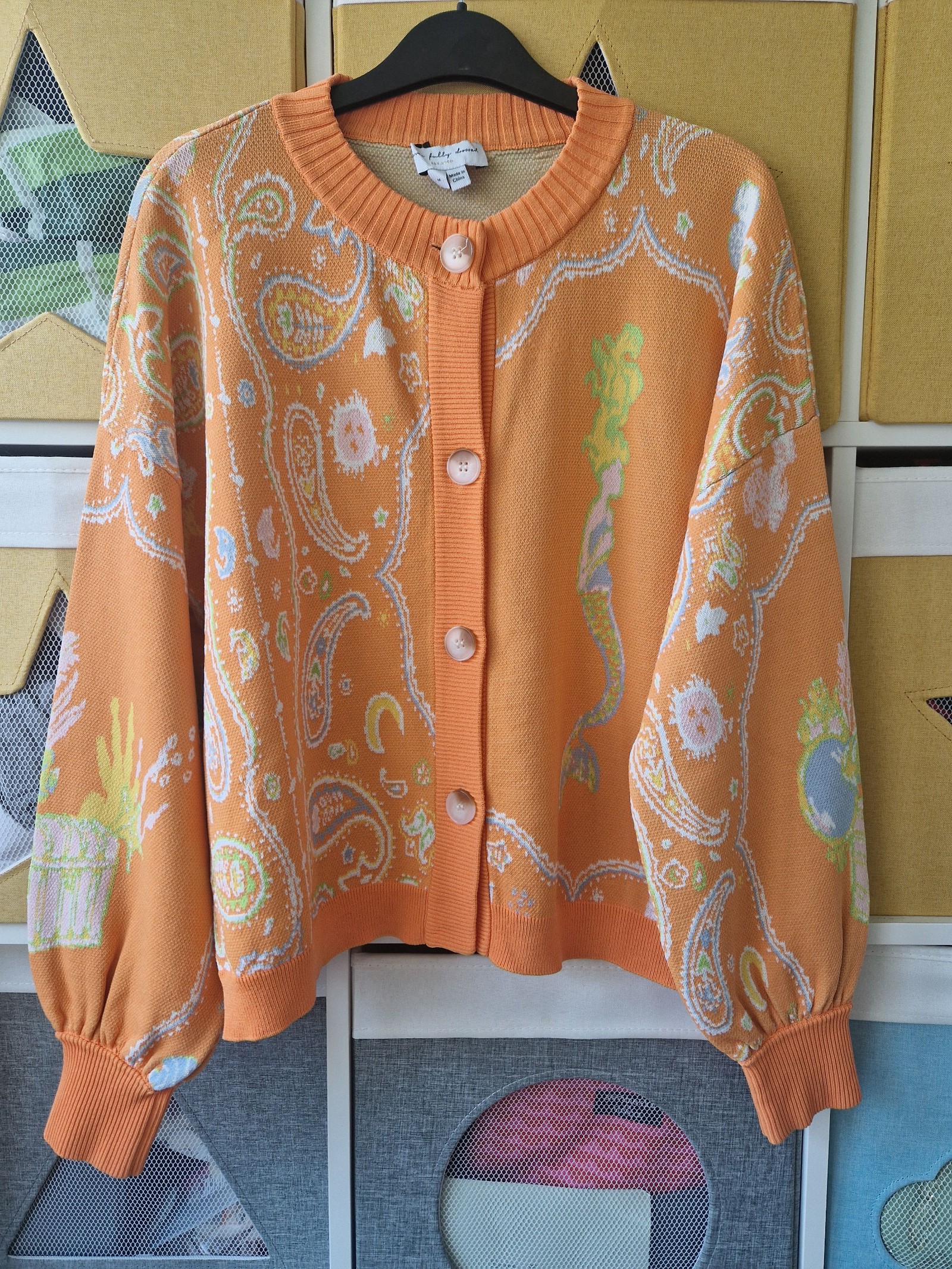 Kelly Linen Orange Paisley Knit Cardigan Small